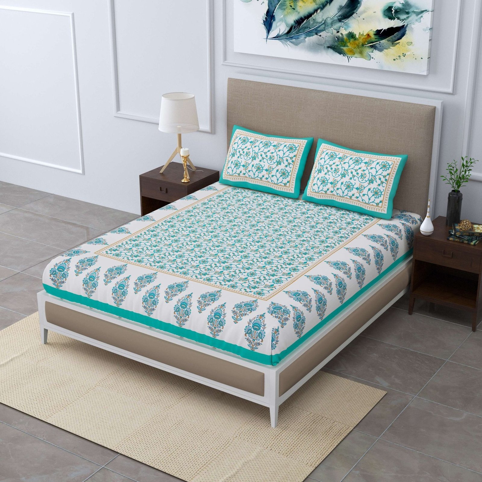 Rajasthani Jaipuri-Stylish Printed Cotton Double Bedsheet With Two Matching Pillow Covers.