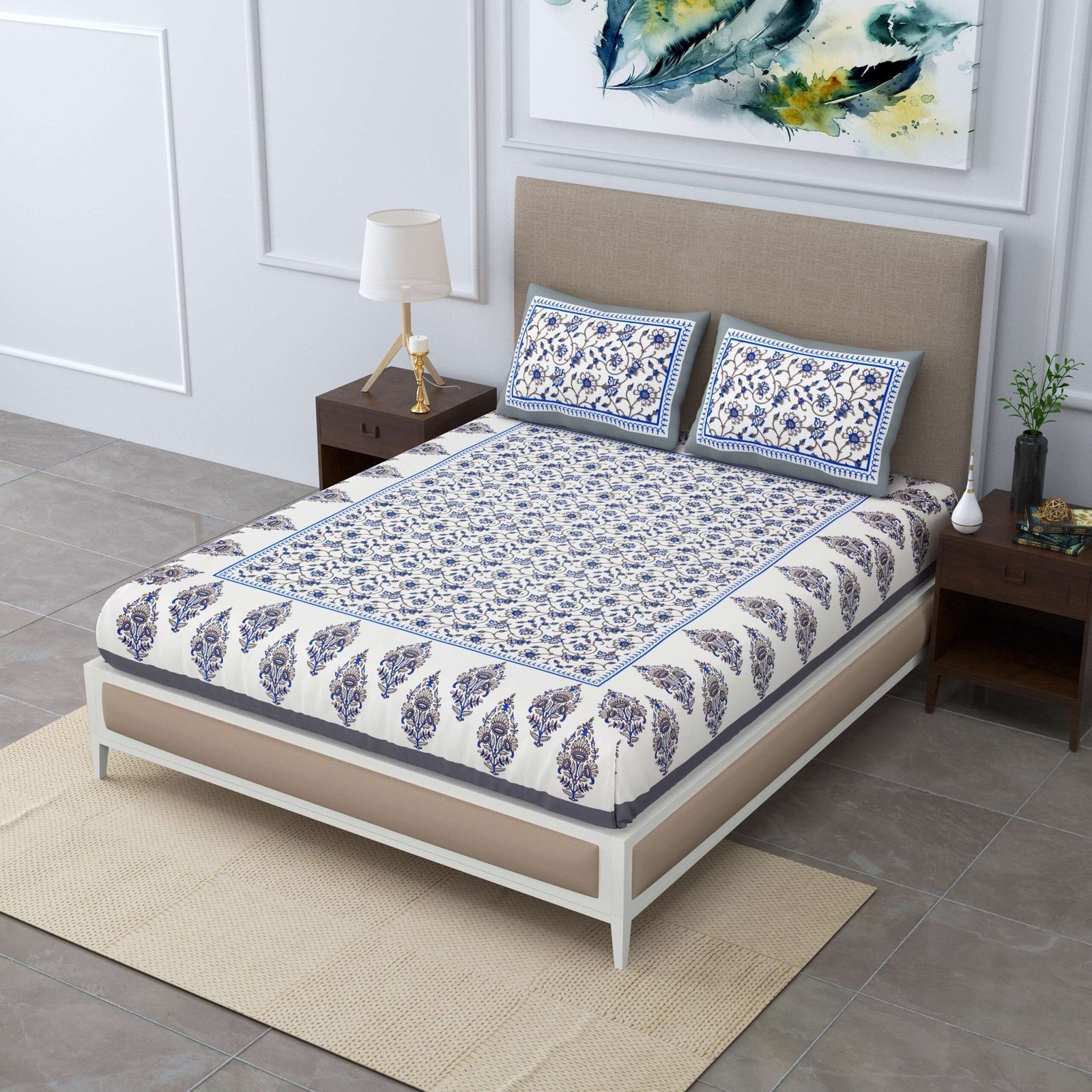 Rajasthani Jaipuri-Stylish Printed Cotton Double Bedsheet With Two Matching Pillow Covers.