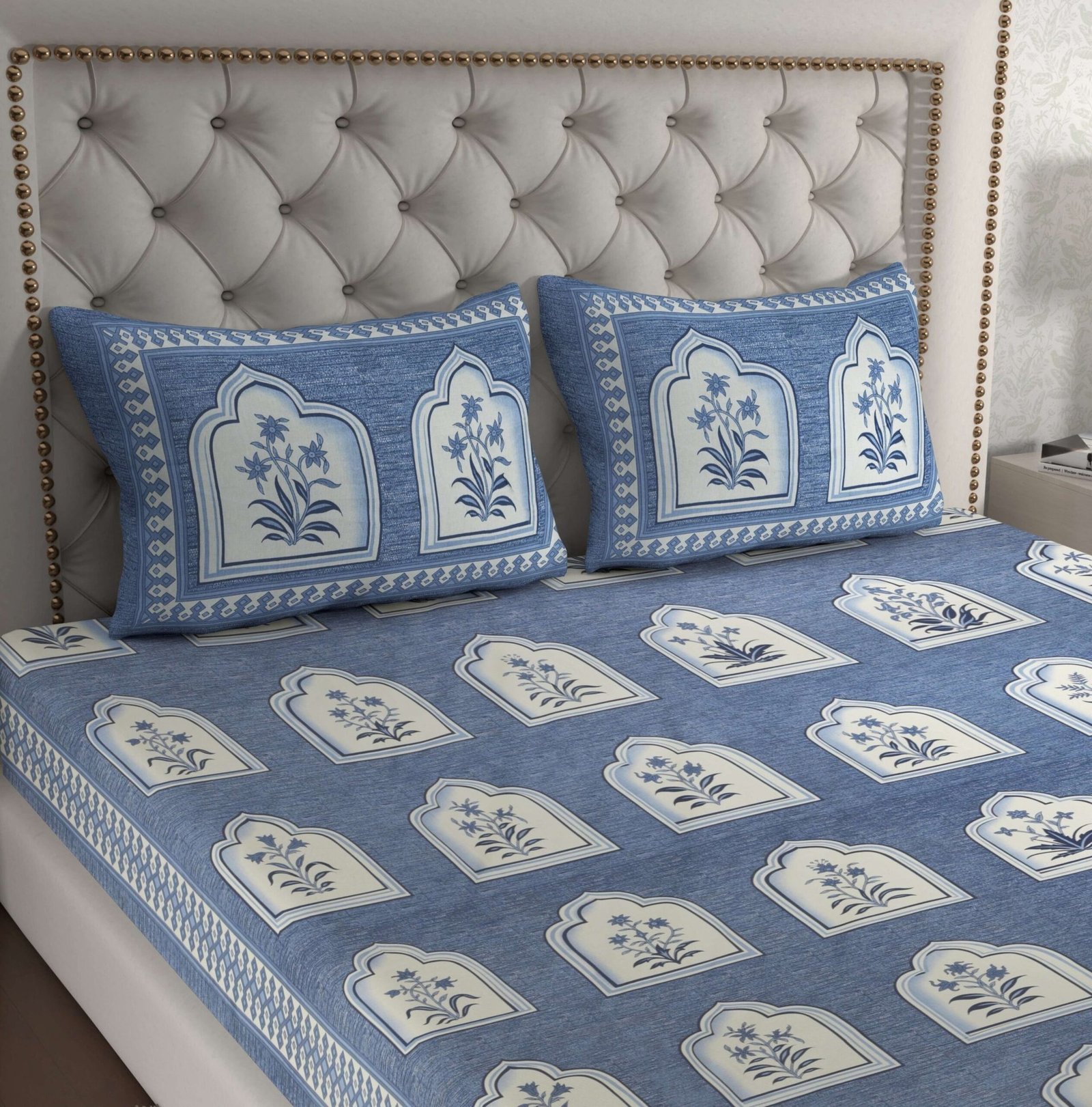 Royal Blue Jaipuri-Style Floral Printed Double Bedsheet With Two Matching Pillow Covers