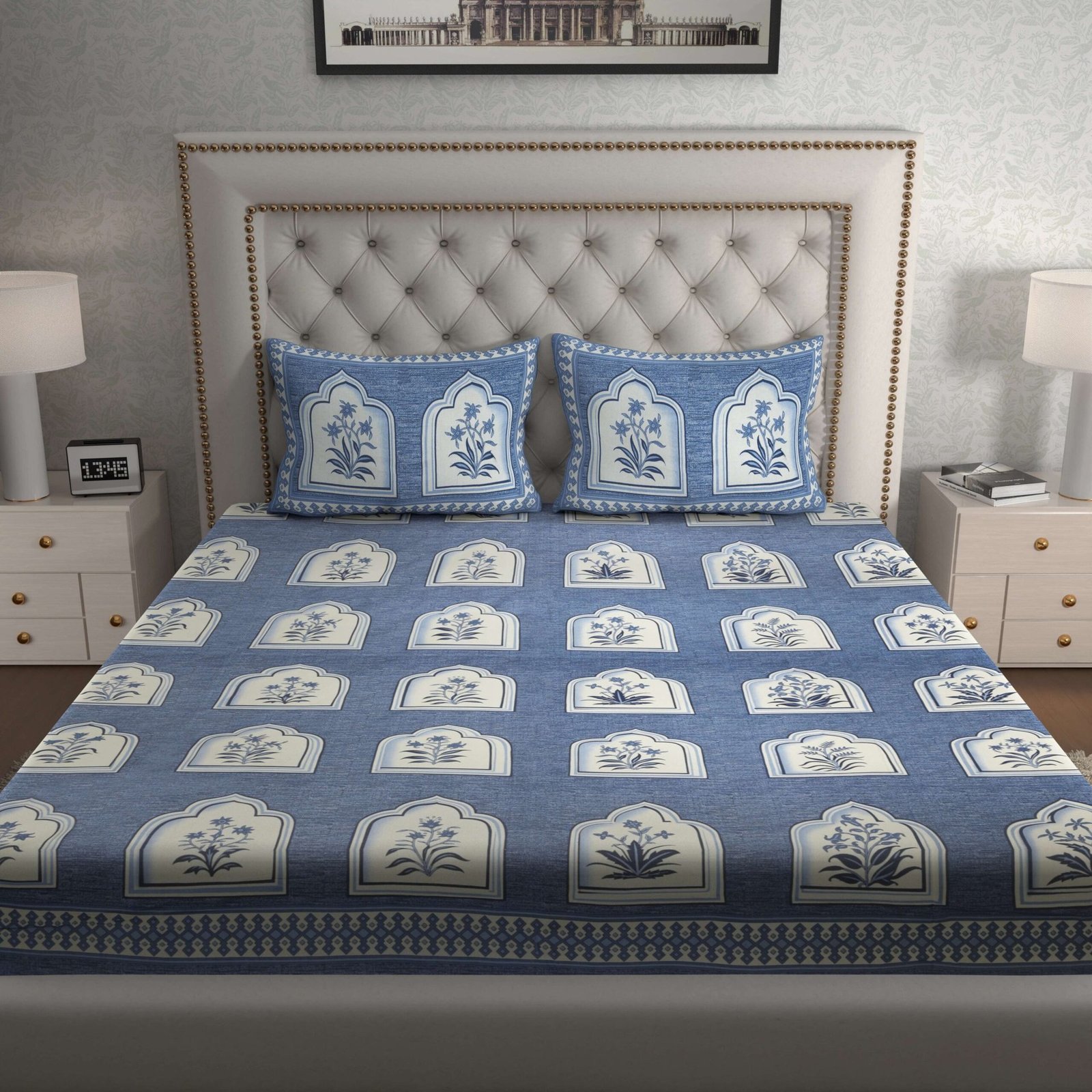 Royal Blue Jaipuri-Style Floral Printed Double Bedsheet With Two Matching Pillow Covers
