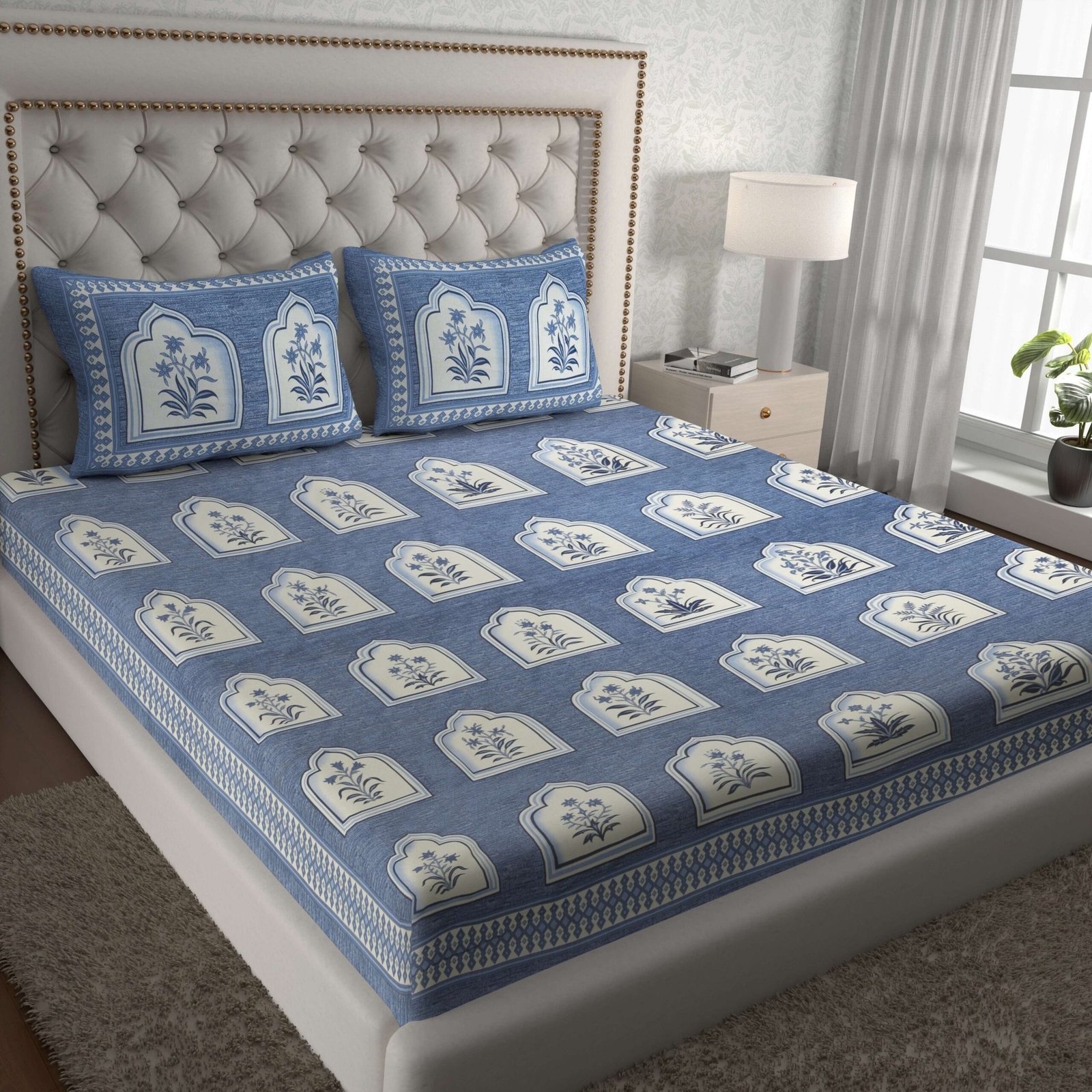Royal Blue Jaipuri-Style Floral Printed Double Bedsheet With Two Matching Pillow Covers
