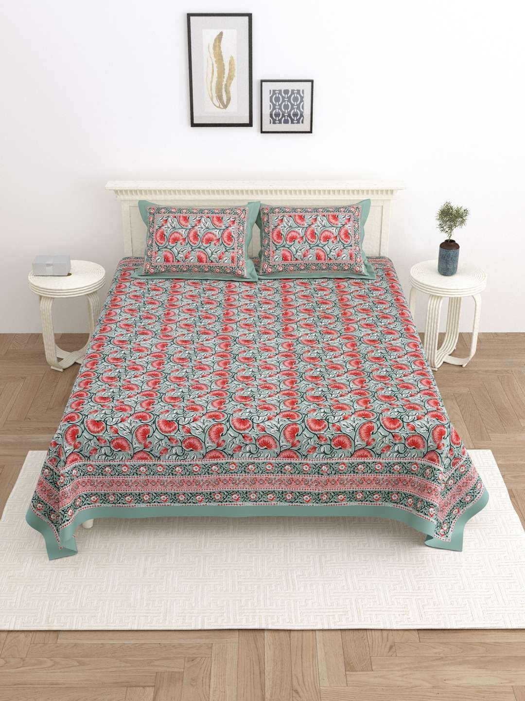 100% Pure Cotton Traditional  Printed Bedsheet for Double Bed King Size Bedsheet with 2 Pillow Covers