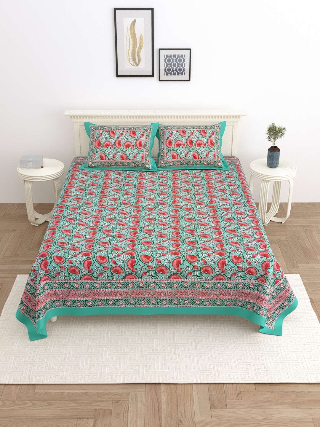 100% Pure Cotton Traditional  Printed Bedsheet for Double Bed King Size Bedsheet with 2 Pillow Covers