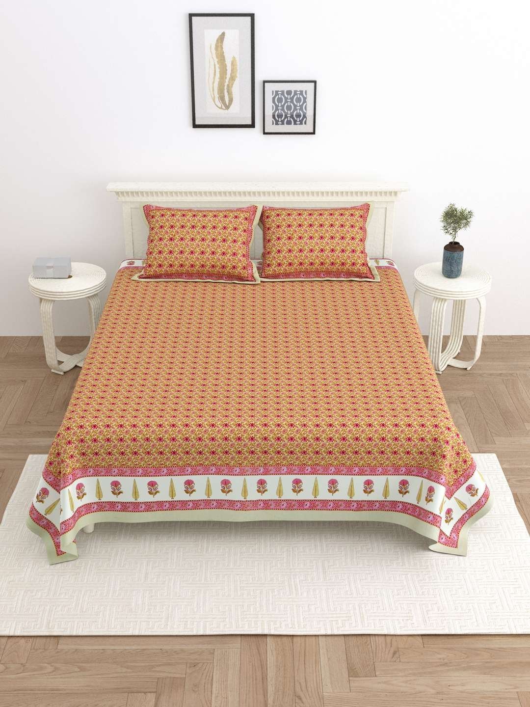 100% Pure Cotton Traditional  Printed Bedsheet for Double Bed King Size Bedsheet with 2 Pillow Covers