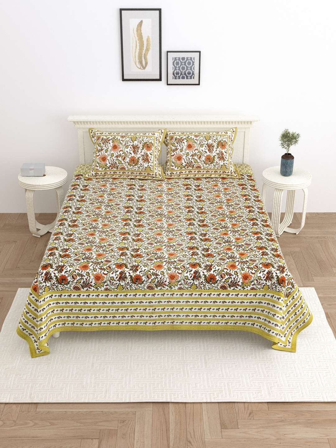 100% Pure Cotton Traditional  Printed Bedsheet for Double Bed King Size Bedsheet with 2 Pillow Covers
