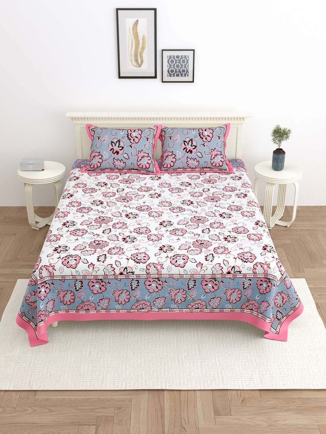 100% Pure Cotton Traditional  Printed Bedsheet for Double Bed King Size Bedsheet with 2 Pillow Covers
