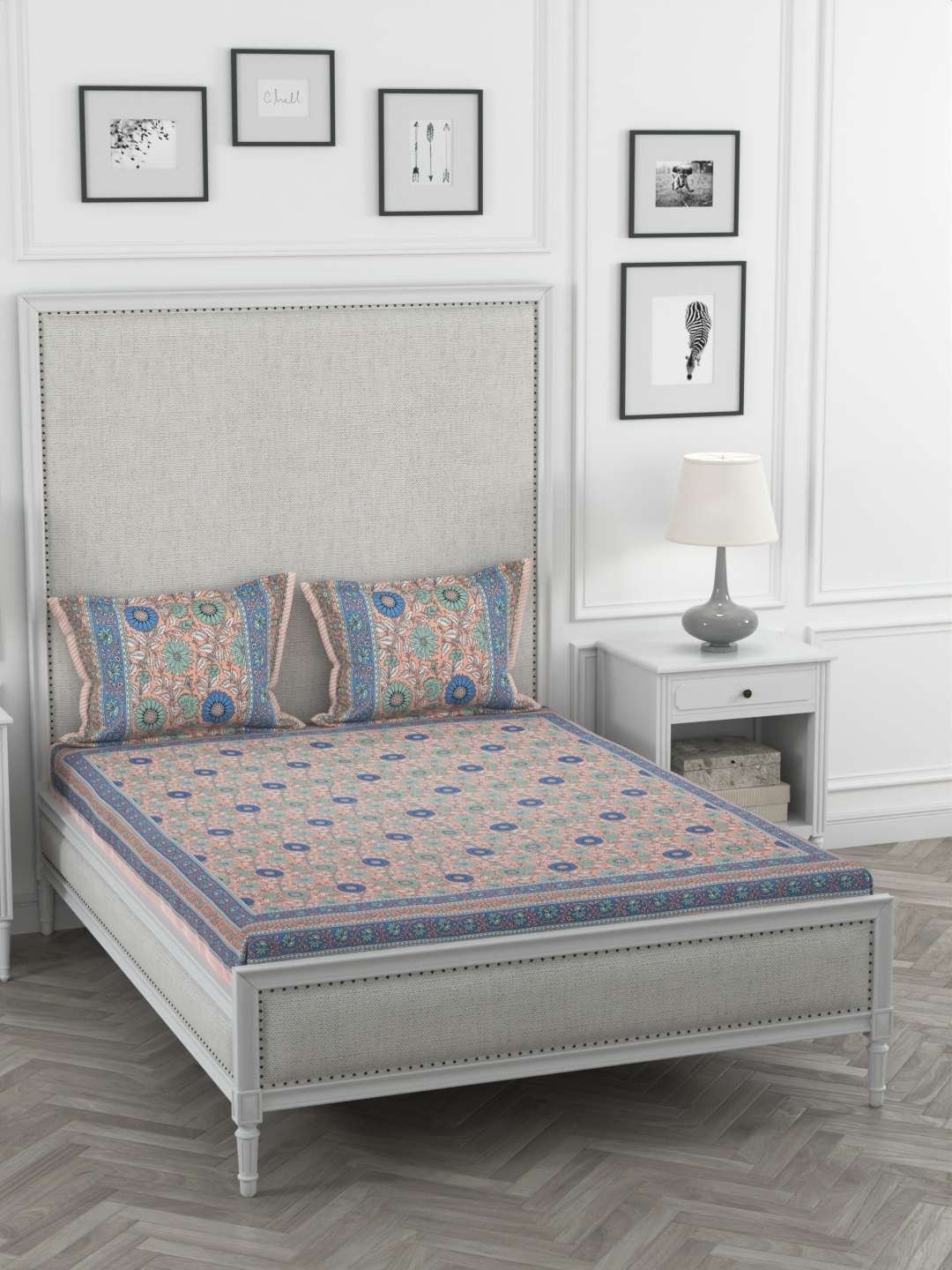 100% Pure Cotton Traditional  Printed Bedsheet for Double Bed King Size Bedsheet with 2 Pillow Covers