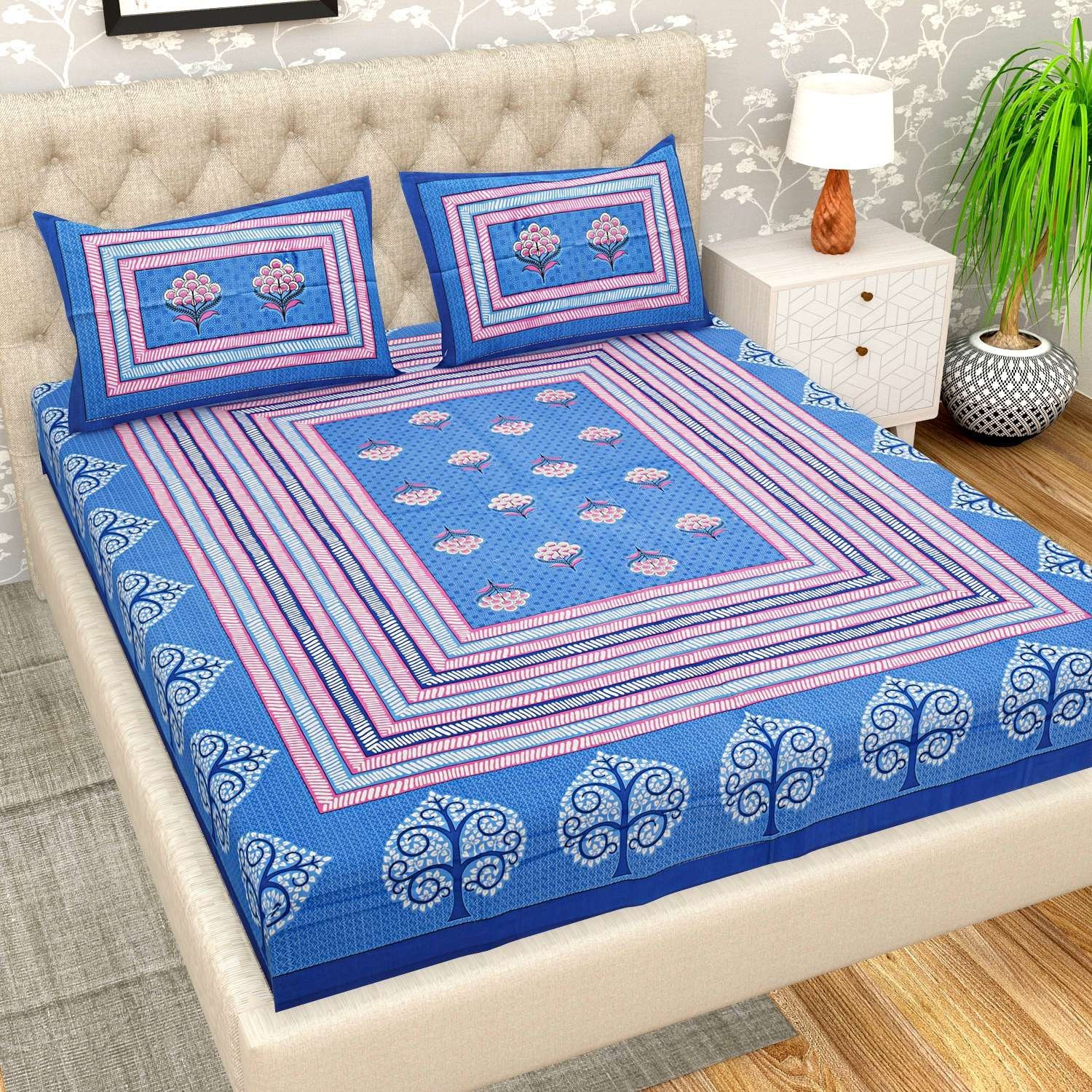 100% Pure Cotton Traditional  Printed Bedsheet for Double Bed King Size Bedsheet with 2 Pillow Covers