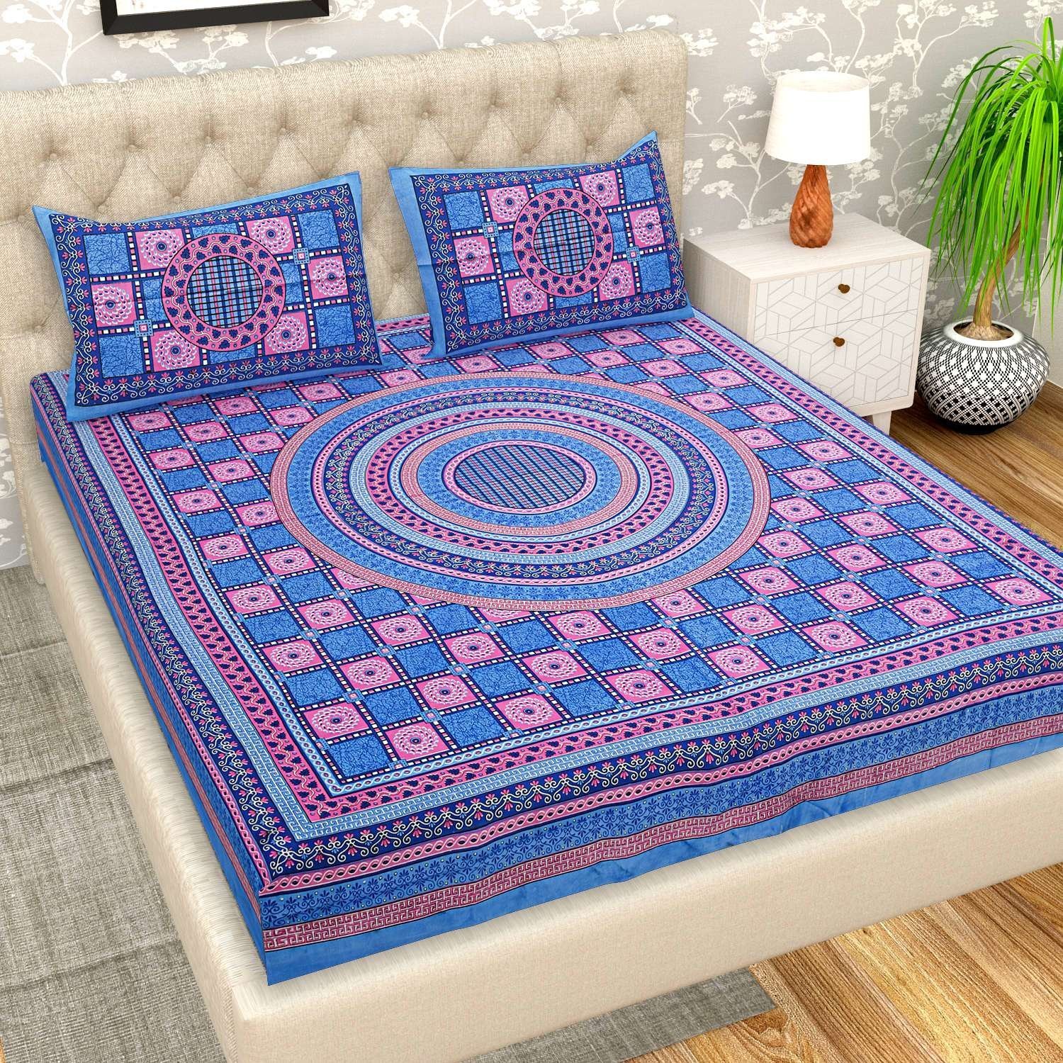100% Pure Cotton Traditional  Printed Bedsheet for Double Bed King Size Bedsheet with 2 Pillow Covers