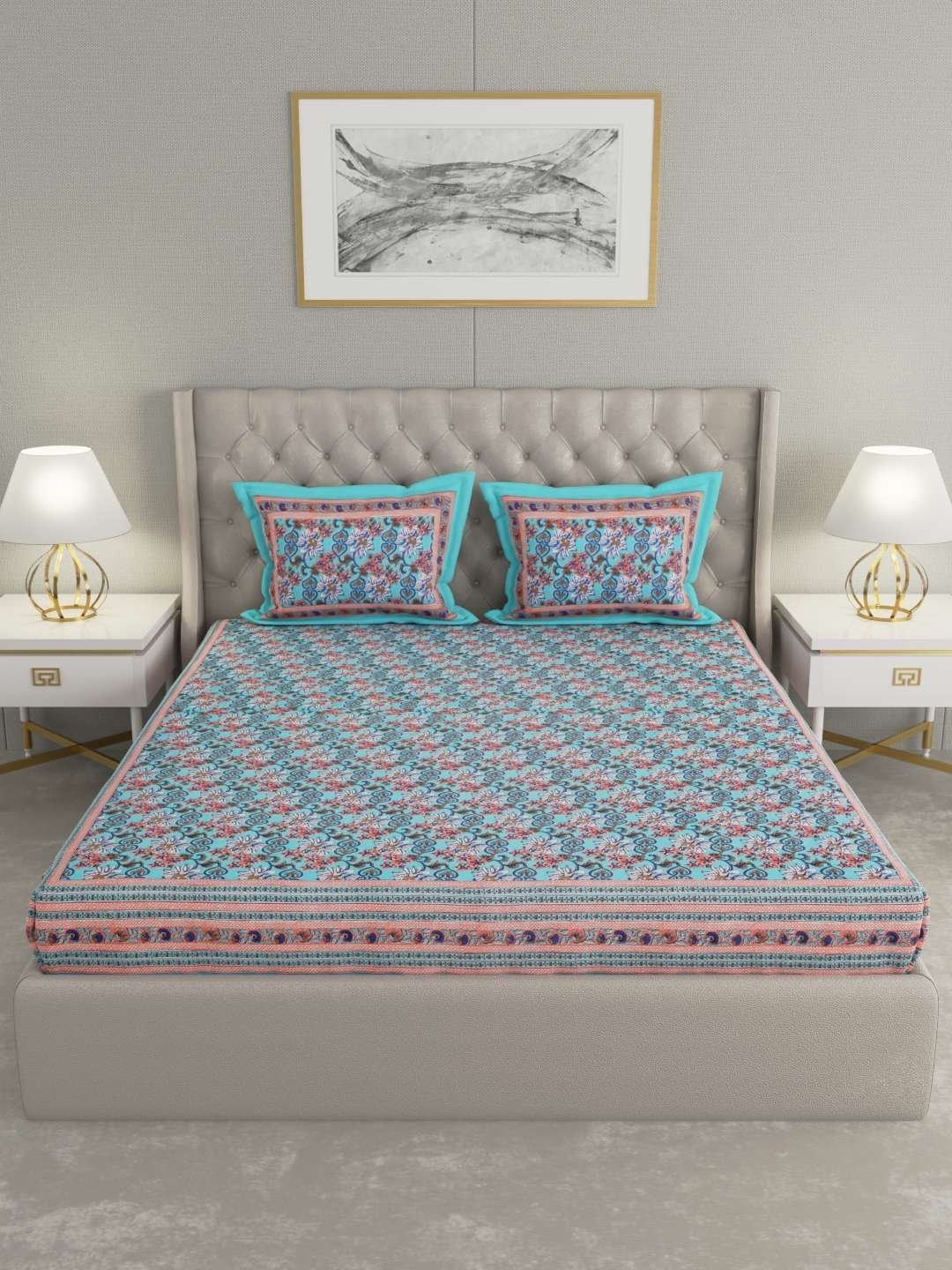 100% Pure Cotton Traditional  Printed Bedsheet for Double Bed King Size Bedsheet with 2 Pillow Covers