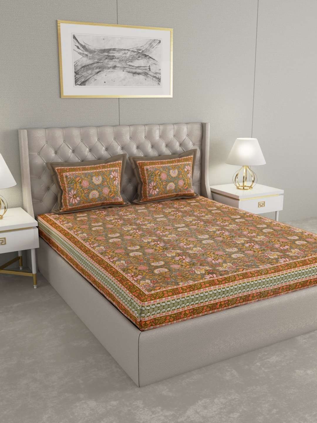 100% Pure Cotton Traditional  Printed Bedsheet for Double Bed King Size Bedsheet with 2 Pillow Covers