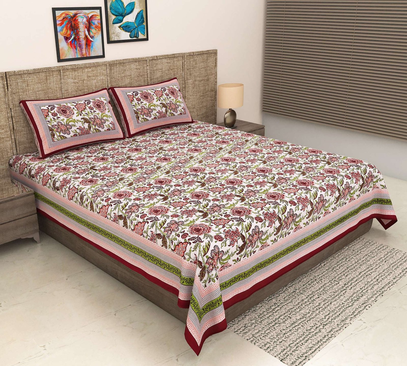 100% Pure Cotton Traditional  Printed Bedsheet for Double Bed King Size Bedsheet with 2 Pillow Covers