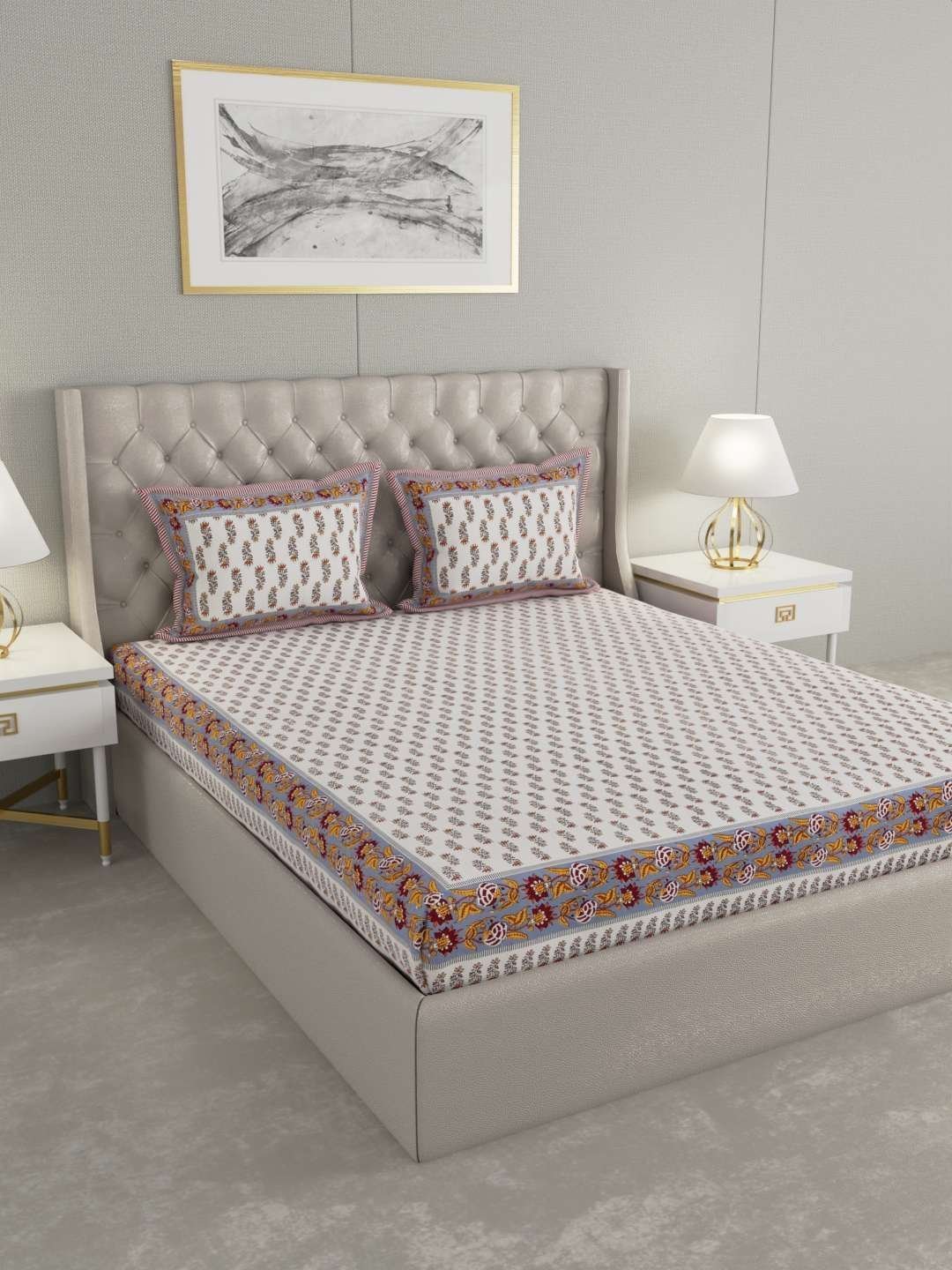 100% Pure Cotton Traditional  Printed Bedsheet for Double Bed King Size Bedsheet with 2 Pillow Covers