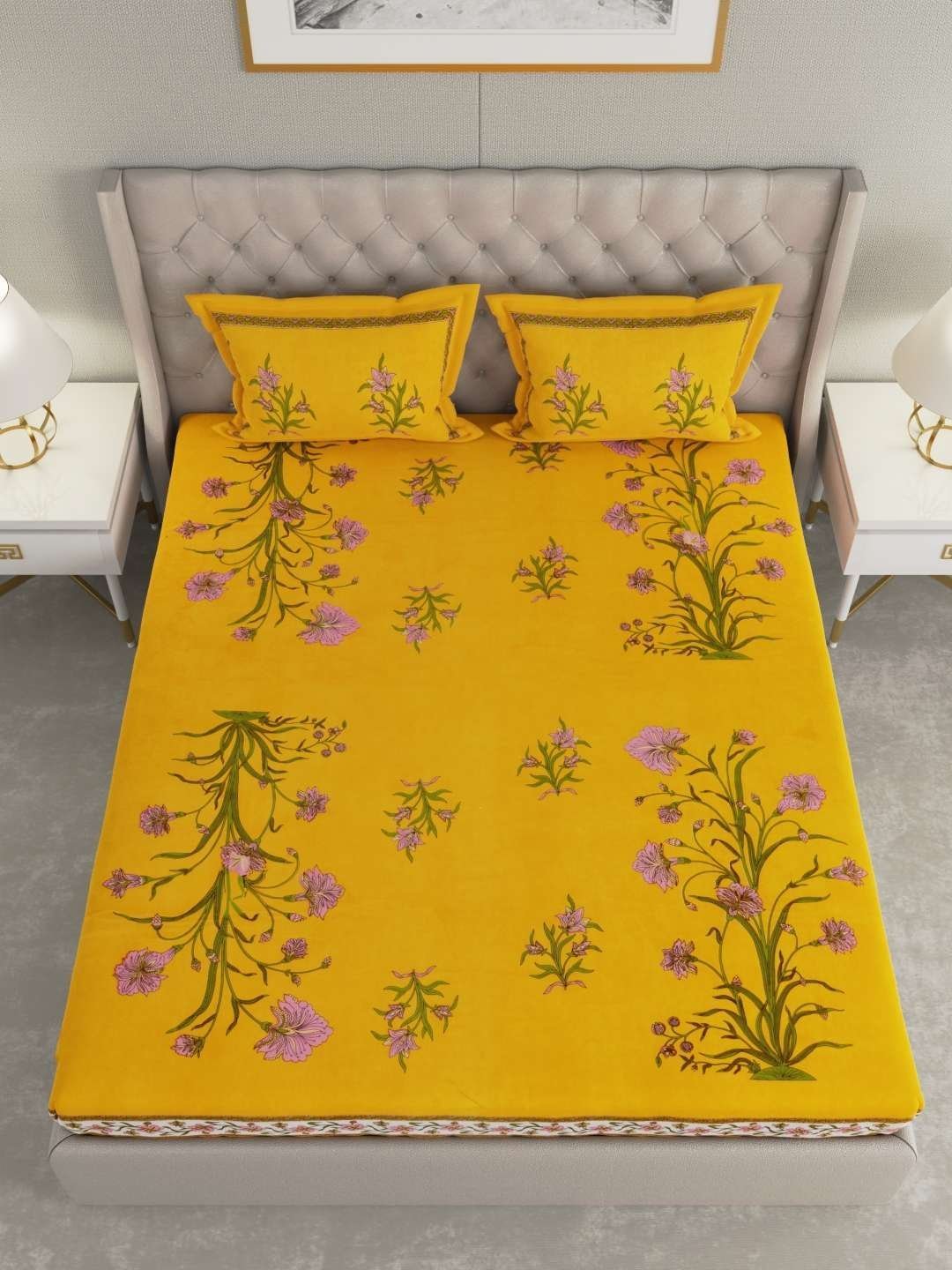 100% Pure Cotton Traditional  Printed Bedsheet for Double Bed King Size Bedsheet with 2 Pillow Covers