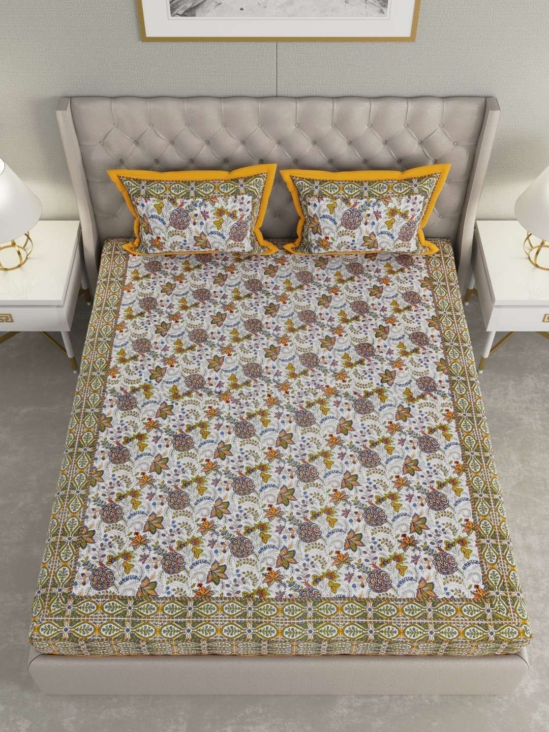 100% Pure Cotton Traditional  Printed Bedsheet for Double Bed King Size Bedsheet with 2 Pillow Covers