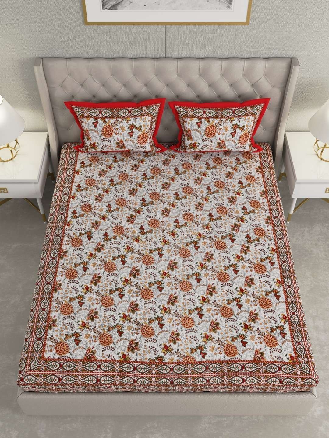 100% Pure Cotton Traditional  Printed Bedsheet for Double Bed King Size Bedsheet with 2 Pillow Covers