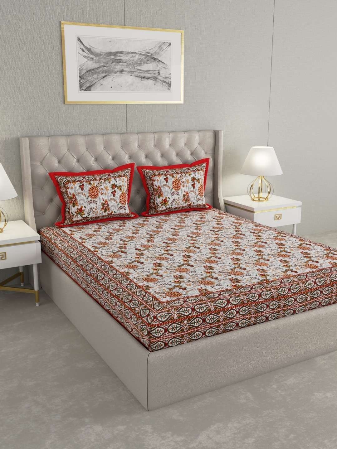 100% Pure Cotton Traditional  Printed Bedsheet for Double Bed King Size Bedsheet with 2 Pillow Covers