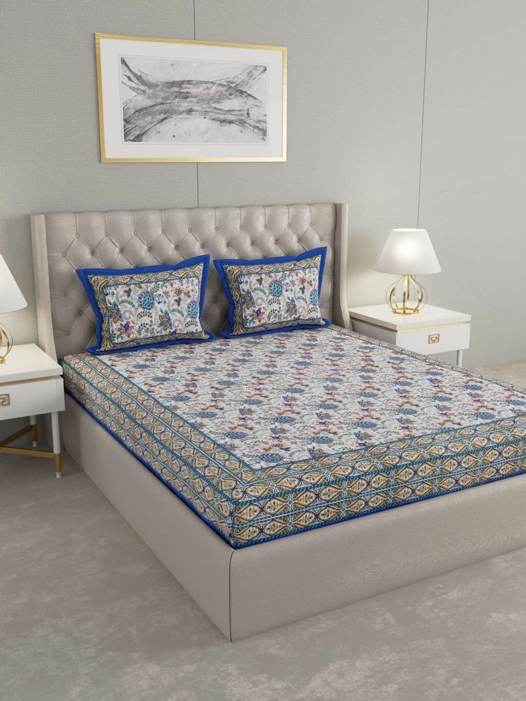 100% Pure Cotton Traditional  Printed Bedsheet for Double Bed King Size Bedsheet with 2 Pillow Covers