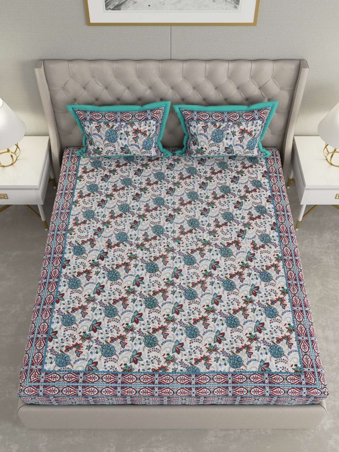 100% Pure Cotton Traditional  Printed Bedsheet for Double Bed King Size Bedsheet with 2 Pillow Covers