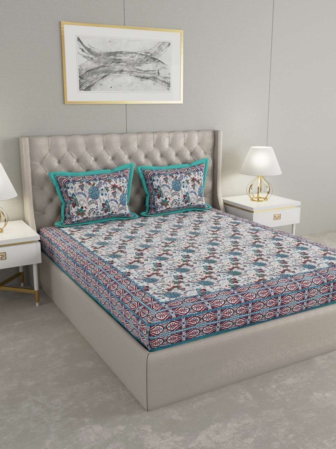 100% Pure Cotton Traditional  Printed Bedsheet for Double Bed King Size Bedsheet with 2 Pillow Covers