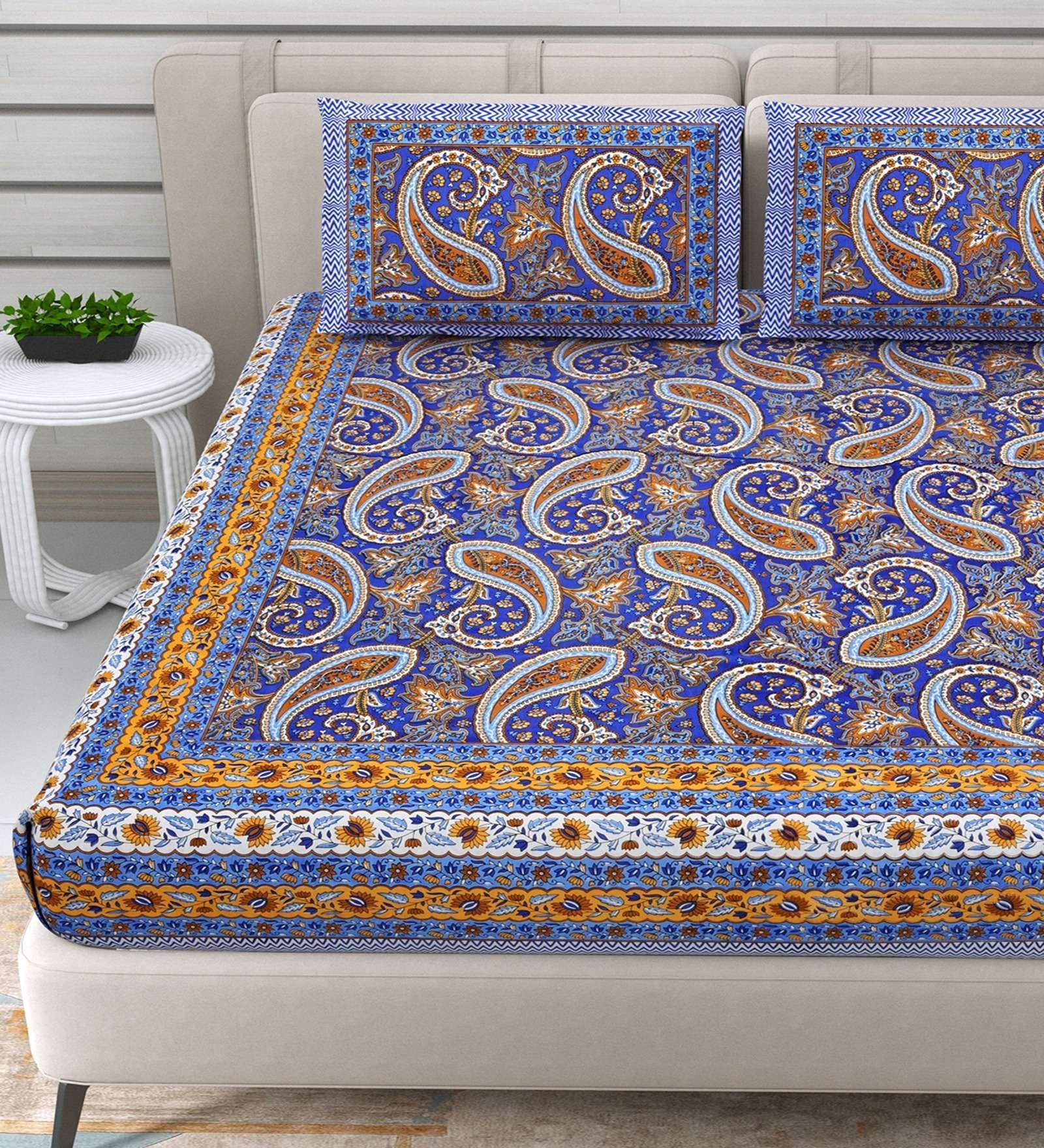 100% Pure Cotton Traditional  Printed Bedsheet for Double Bed King Size Bedsheet with 2 Pillow Covers