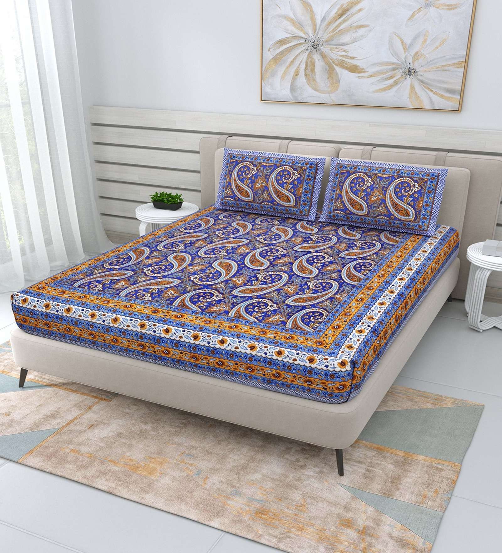 100% Pure Cotton Traditional  Printed Bedsheet for Double Bed King Size Bedsheet with 2 Pillow Covers