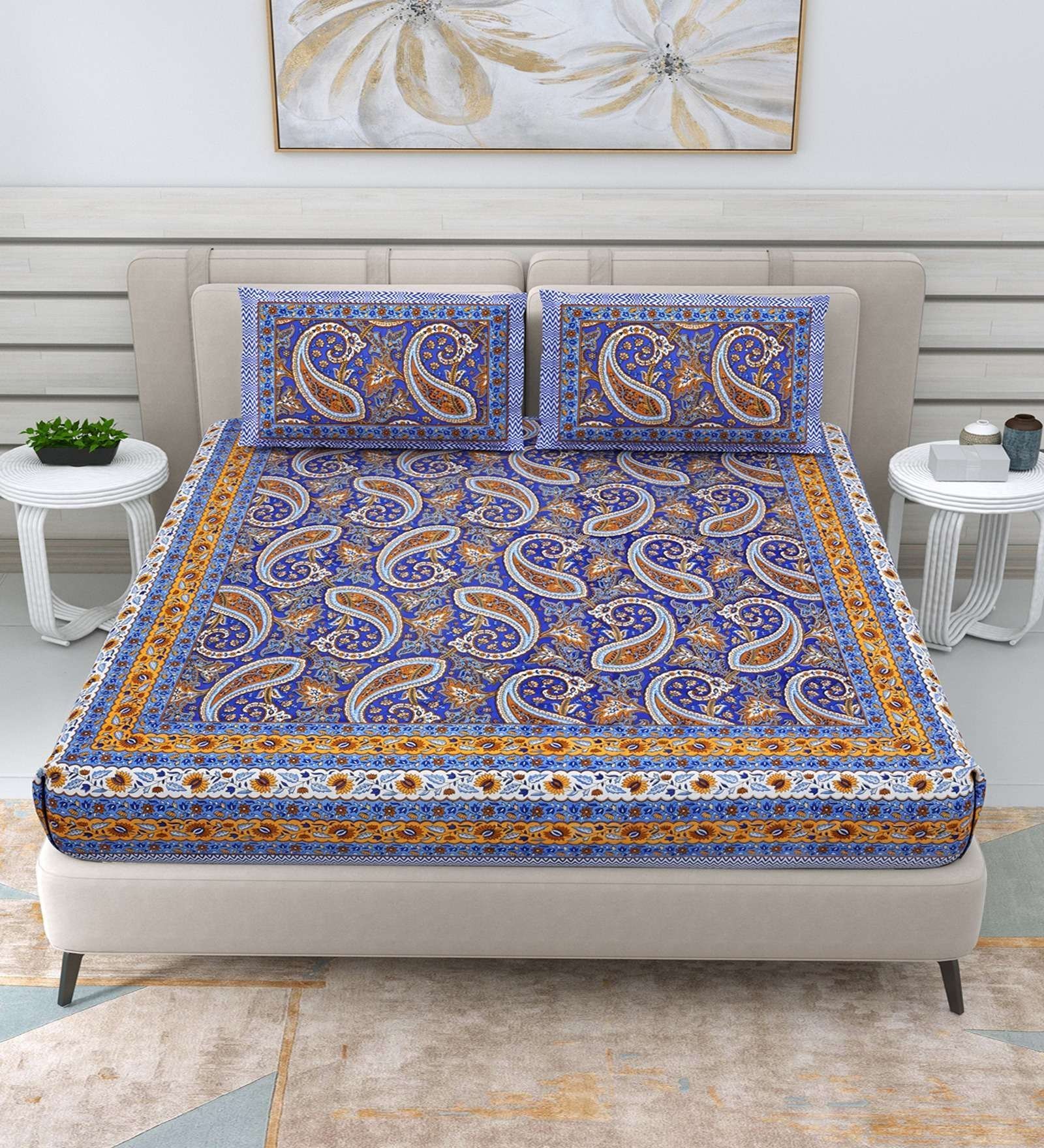 100% Pure Cotton Traditional  Printed Bedsheet for Double Bed King Size Bedsheet with 2 Pillow Covers
