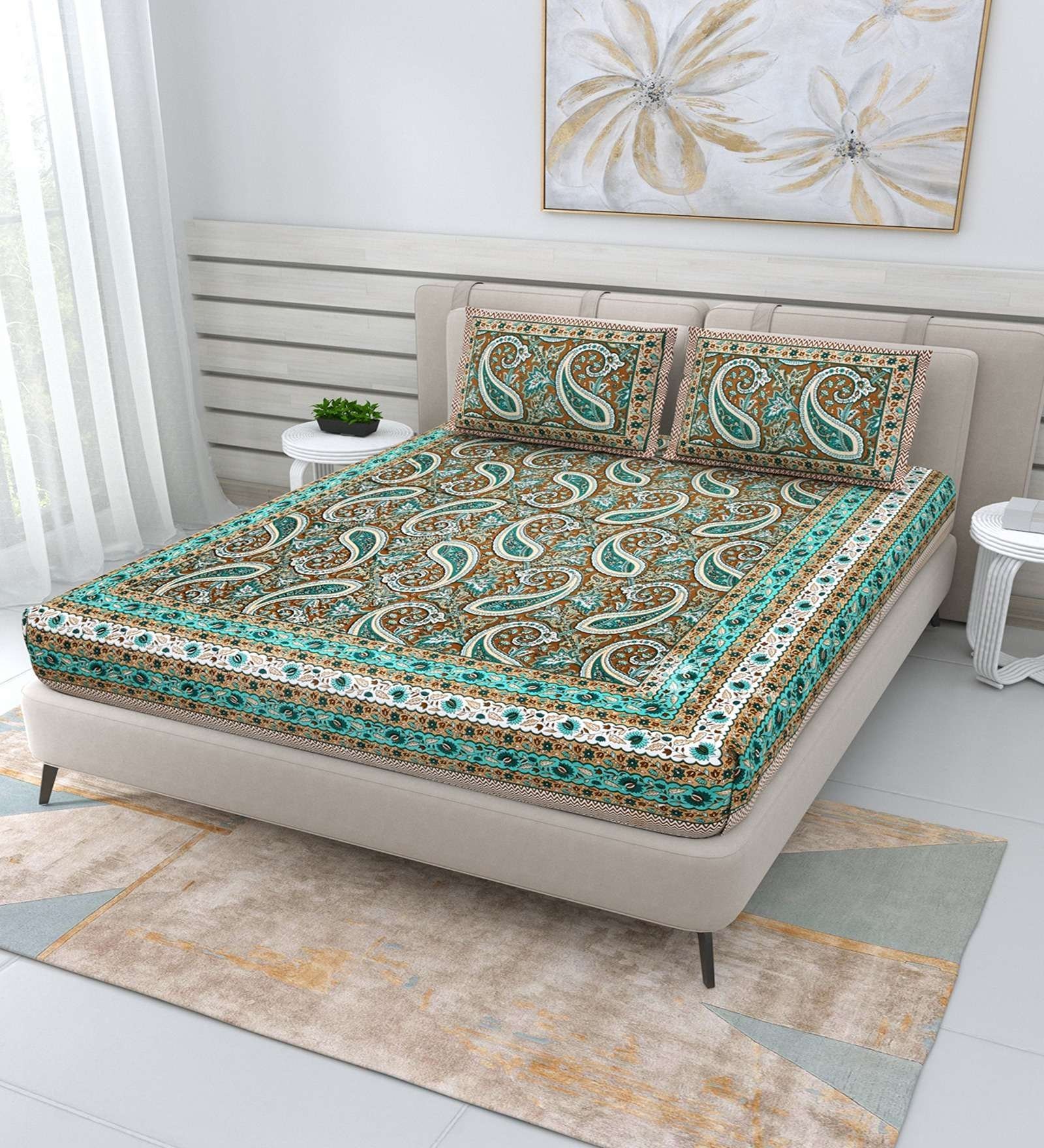 100% Pure Cotton Traditional  Printed Bedsheet for Double Bed King Size Bedsheet with 2 Pillow Covers