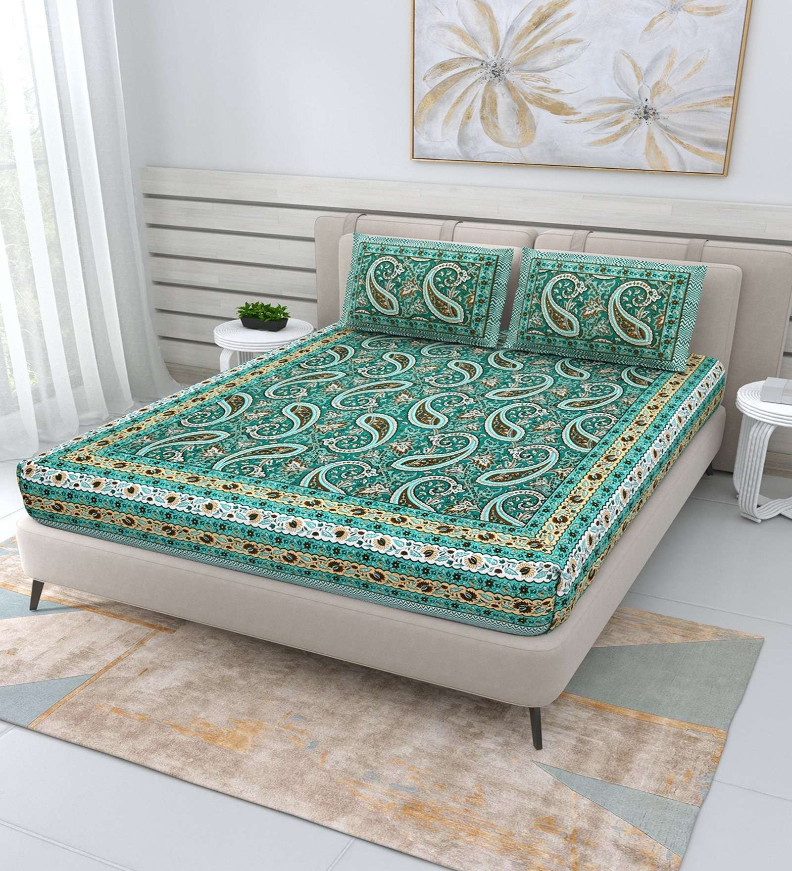 100% Pure Cotton Traditional  Printed Bedsheet for Double Bed King Size Bedsheet with 2 Pillow Covers