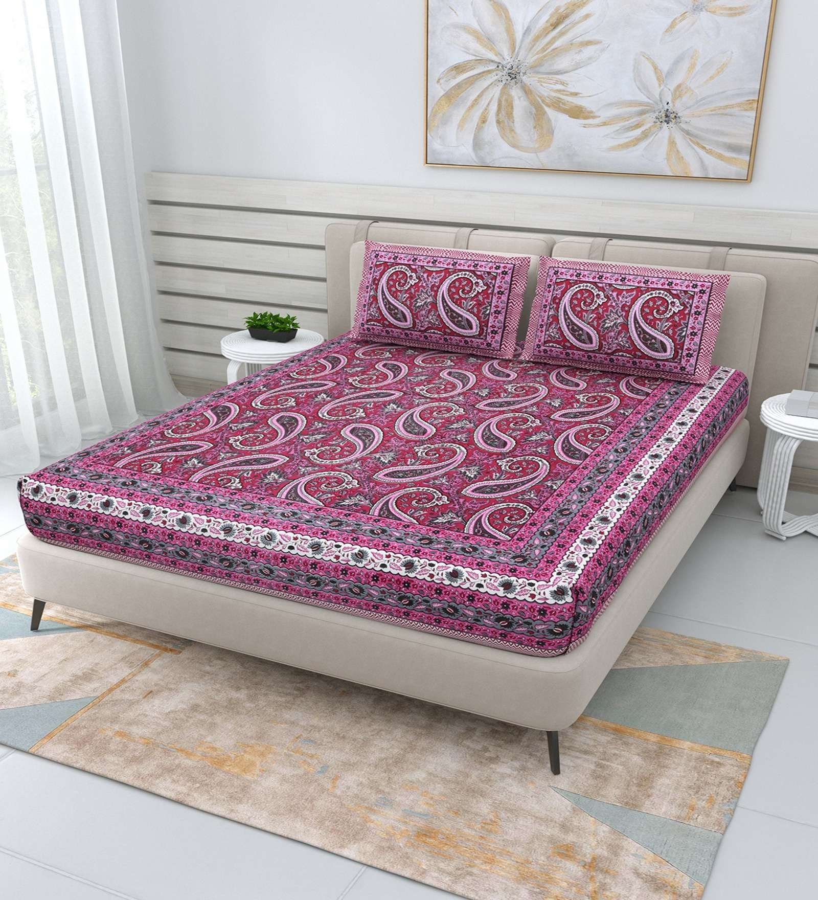 100% Pure Cotton Traditional  Printed Bedsheet for Double Bed King Size Bedsheet with 2 Pillow Covers