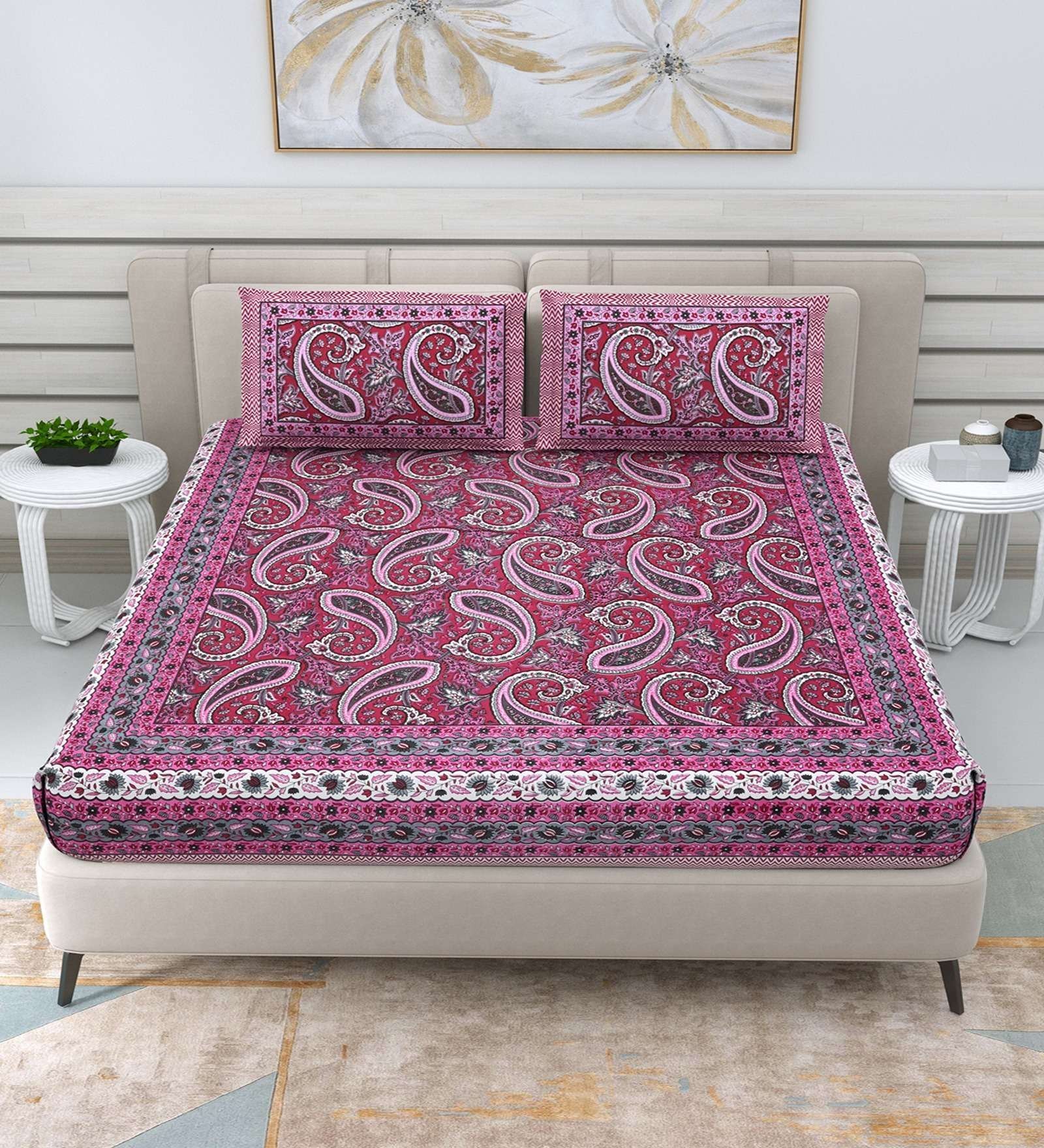 100% Pure Cotton Traditional  Printed Bedsheet for Double Bed King Size Bedsheet with 2 Pillow Covers