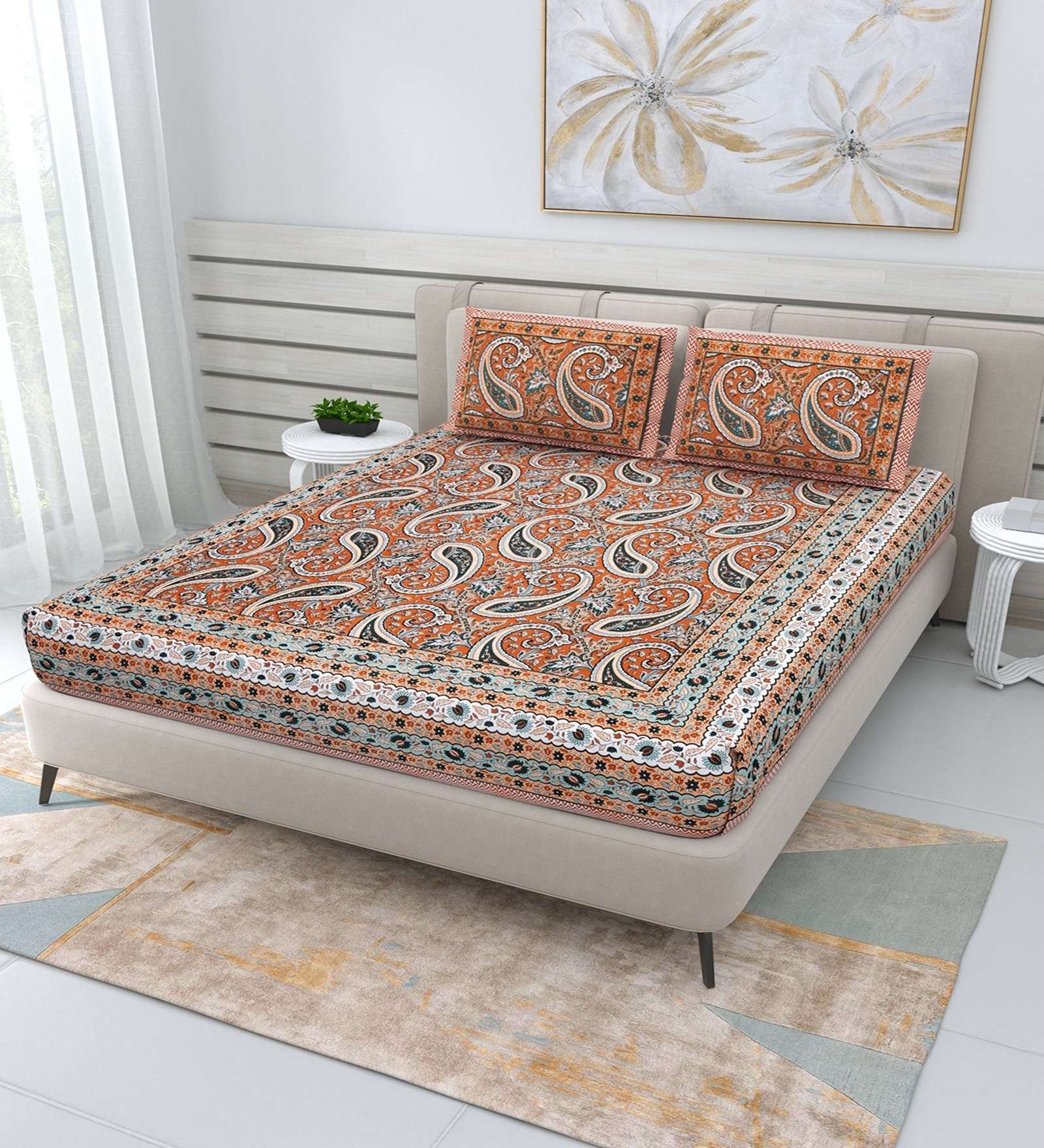 100% Pure Cotton Traditional  Printed Bedsheet for Double Bed King Size Bedsheet with 2 Pillow Covers