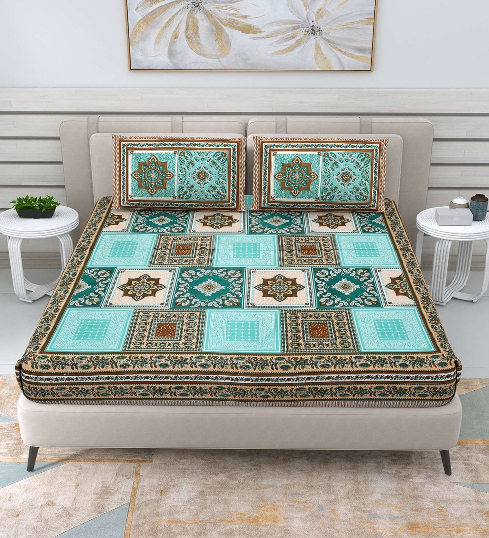 100% Pure Cotton Traditional  Printed Bedsheet for Double Bed King Size Bedsheet with 2 Pillow Covers