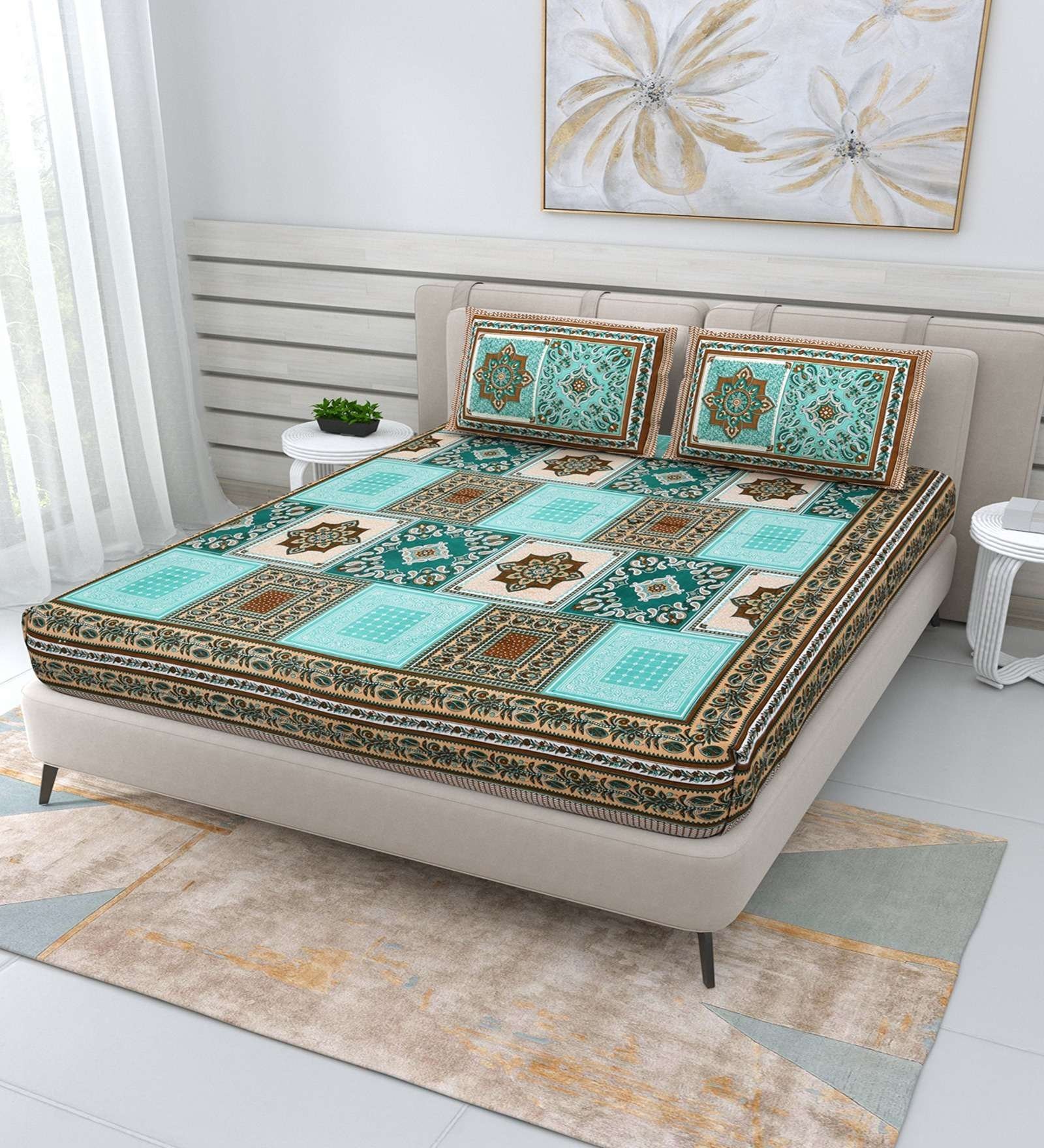 100% Pure Cotton Traditional  Printed Bedsheet for Double Bed King Size Bedsheet with 2 Pillow Covers