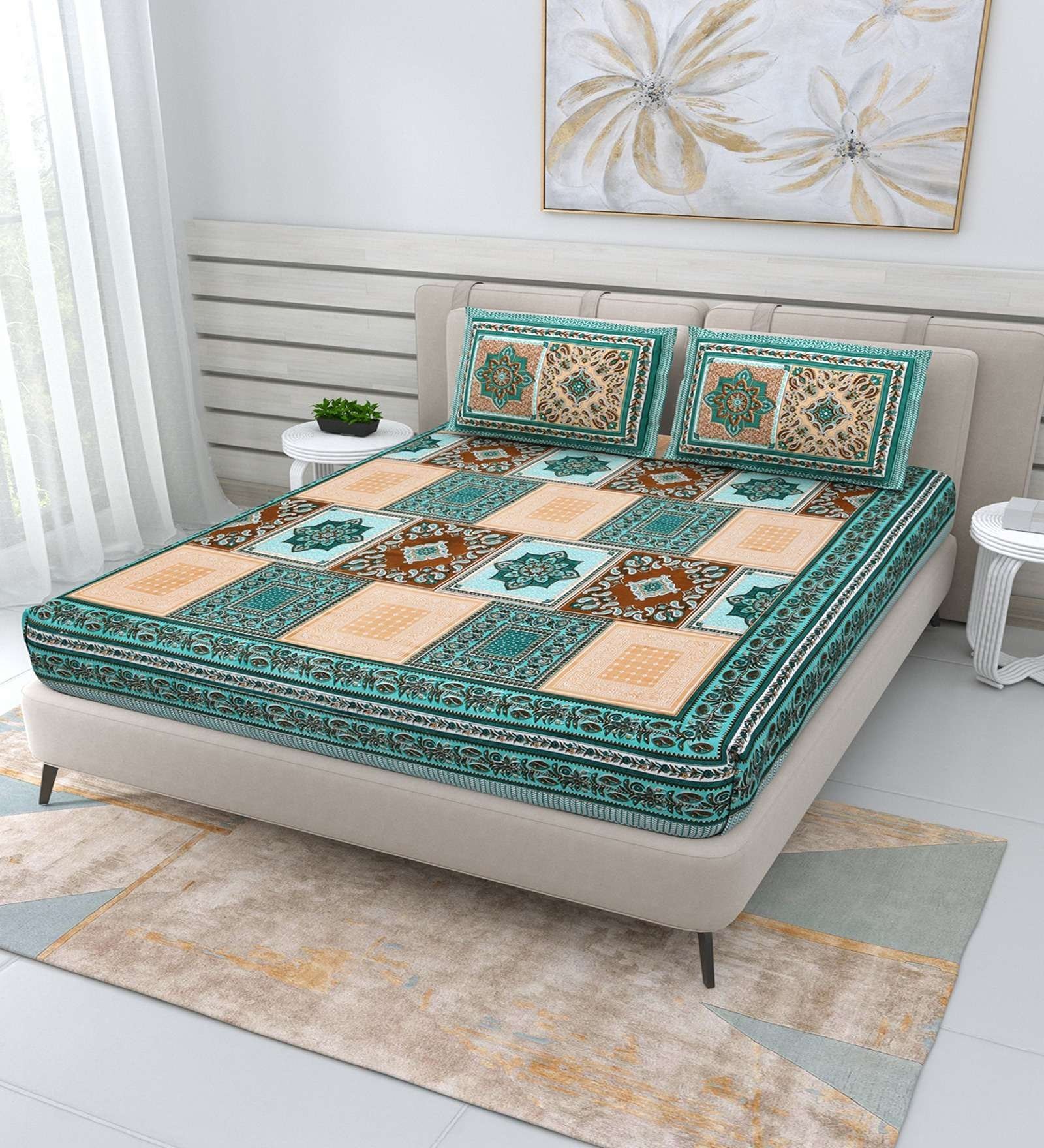 100% Pure Cotton Traditional  Printed Bedsheet for Double Bed King Size Bedsheet with 2 Pillow Covers