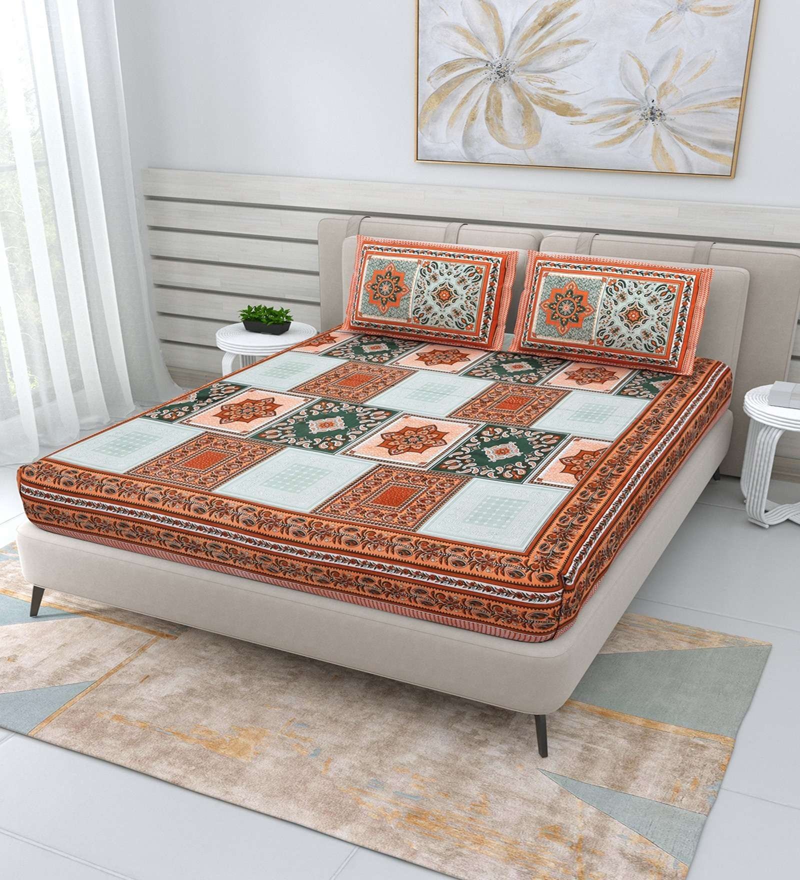 100% Pure Cotton Traditional  Printed Bedsheet for Double Bed King Size Bedsheet with 2 Pillow Covers