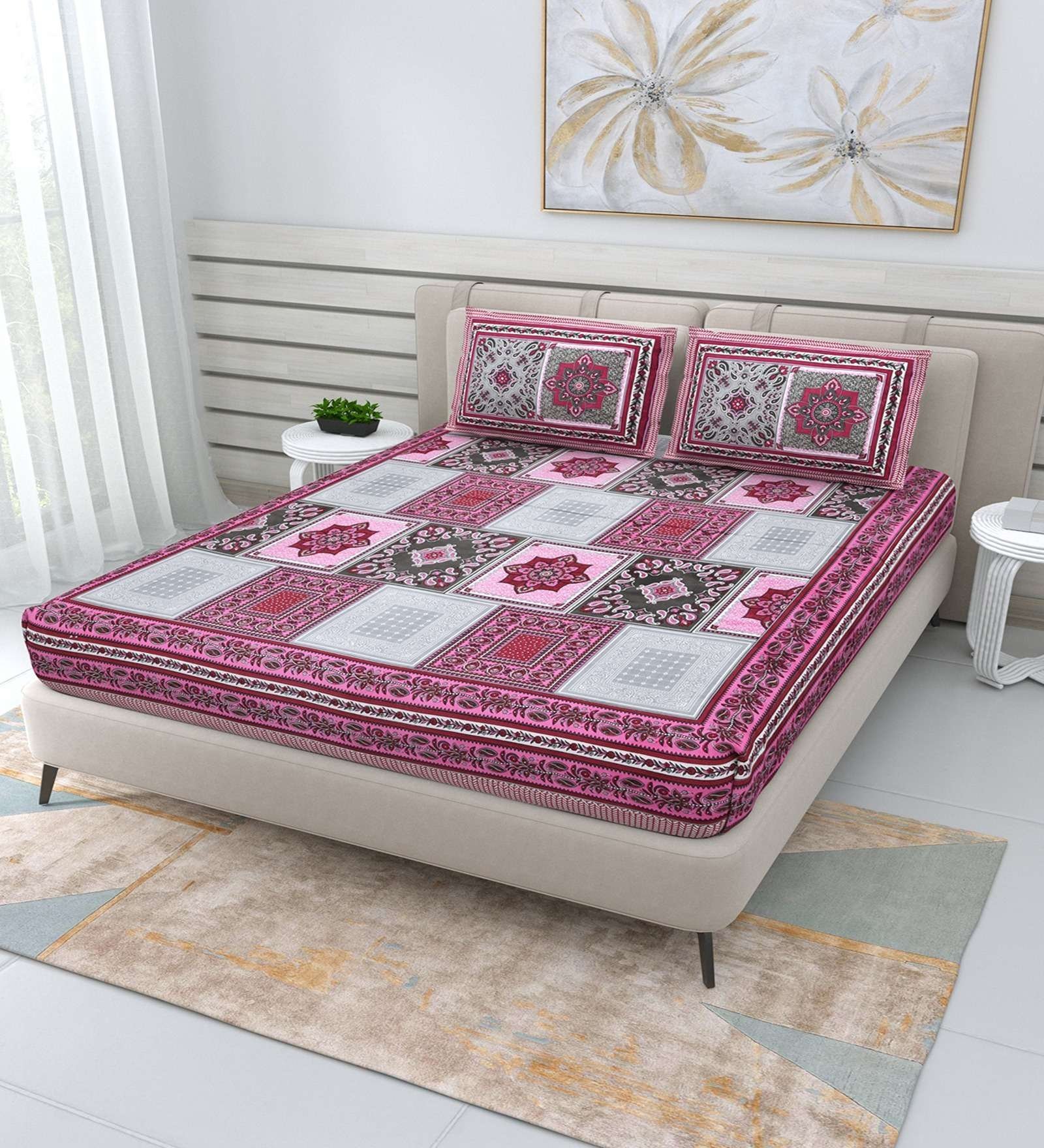 100% Pure Cotton Traditional  Printed Bedsheet for Double Bed King Size Bedsheet with 2 Pillow Covers