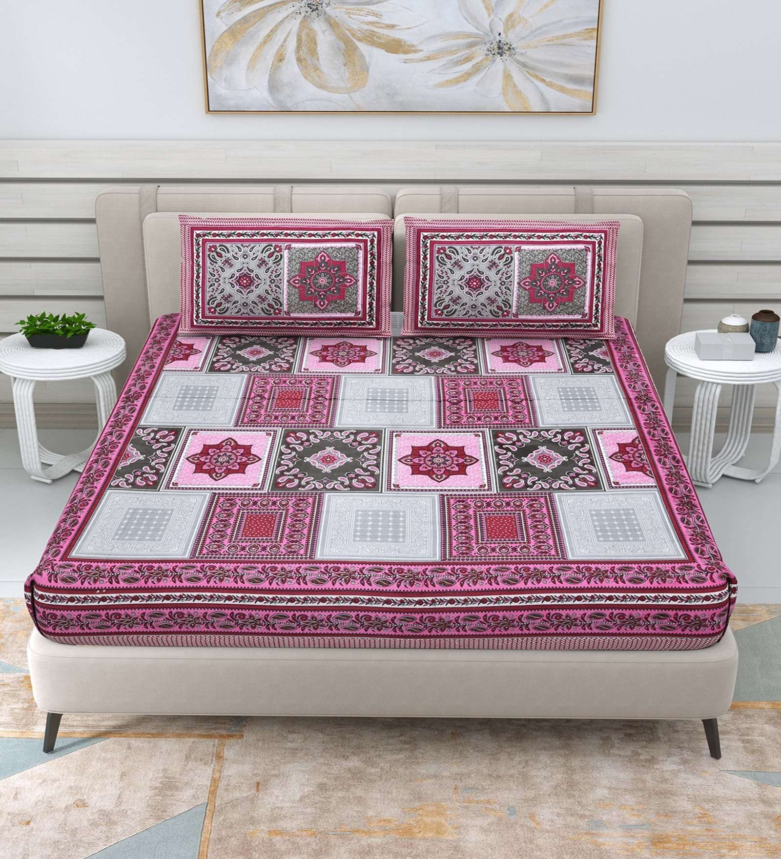 100% Pure Cotton Traditional  Printed Bedsheet for Double Bed King Size Bedsheet with 2 Pillow Covers
