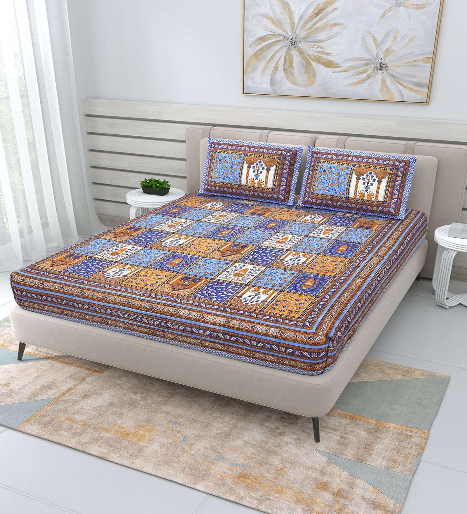 100% Pure Cotton Traditional  Printed Bedsheet for Double Bed King Size Bedsheet with 2 Pillow Covers