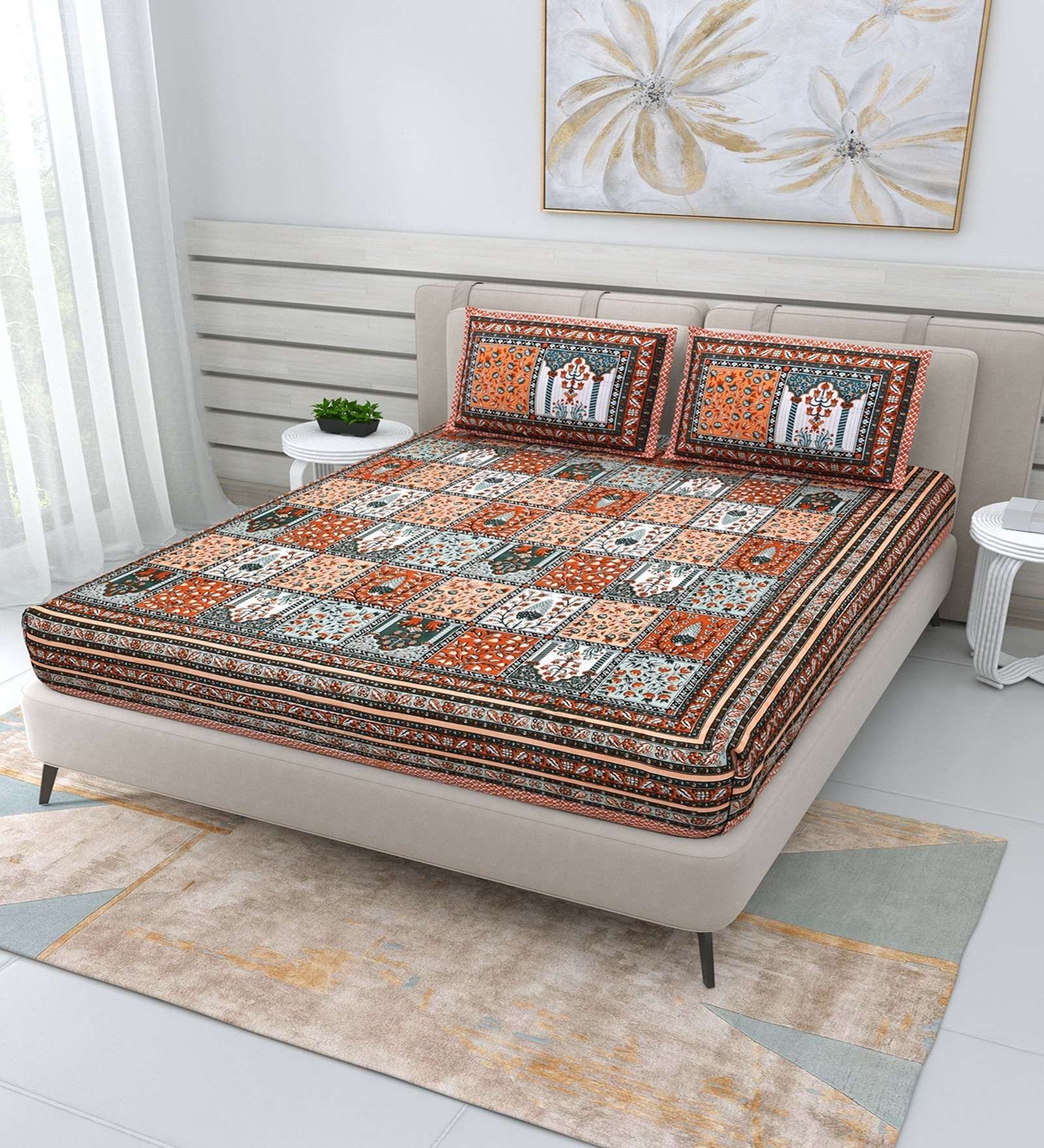 100% Pure Cotton Traditional  Printed Bedsheet for Double Bed King Size Bedsheet with 2 Pillow Covers
