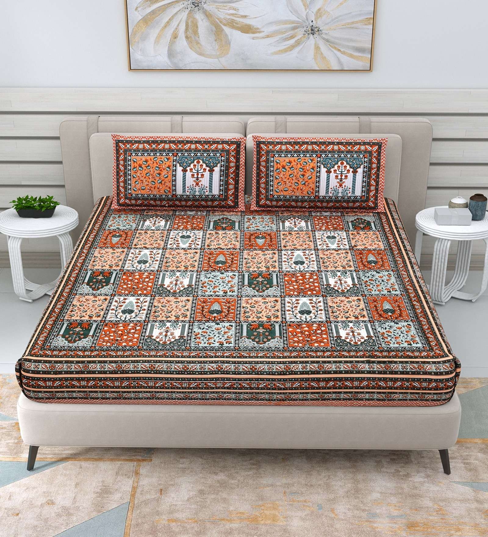 100% Pure Cotton Traditional  Printed Bedsheet for Double Bed King Size Bedsheet with 2 Pillow Covers