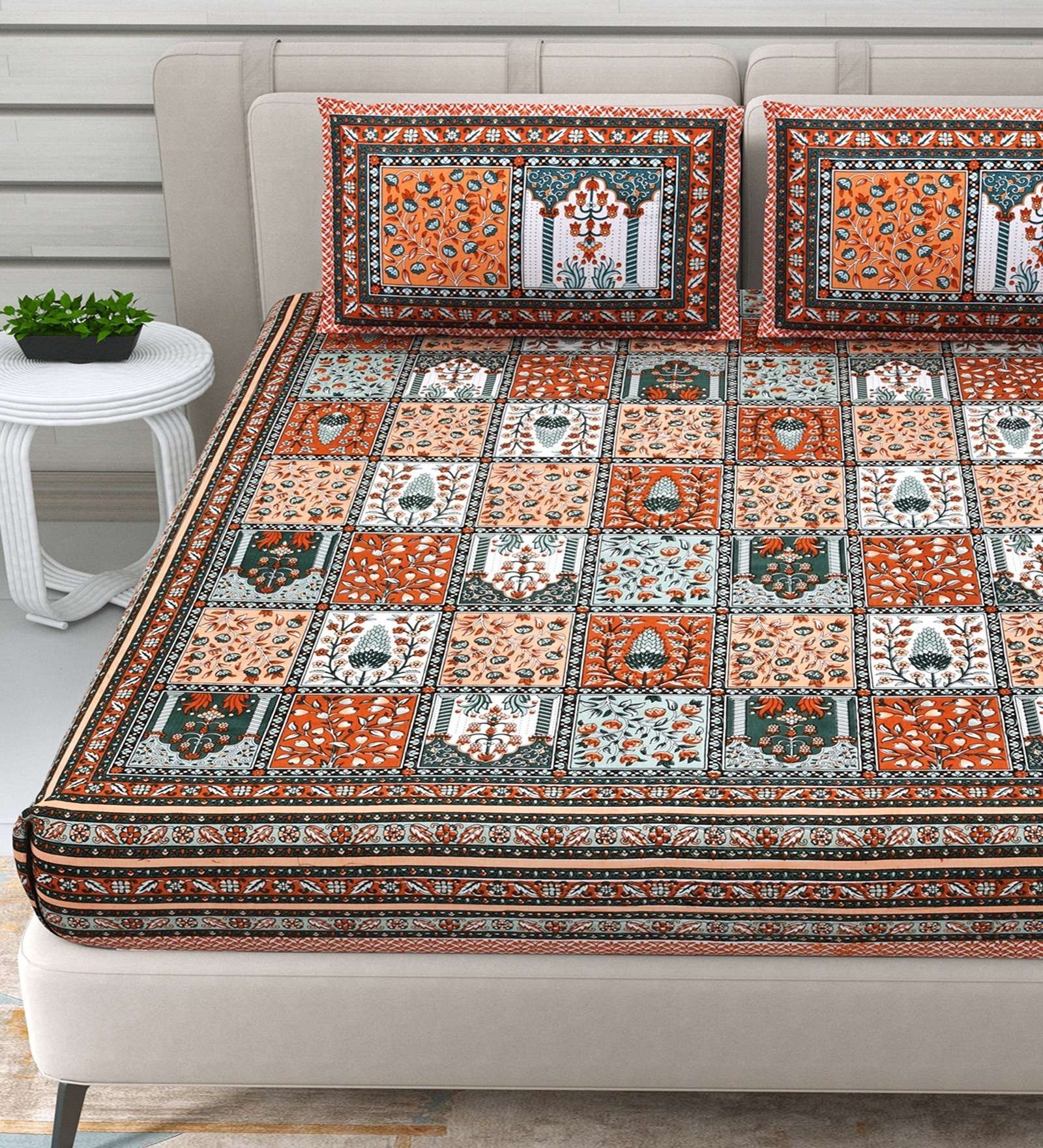 100% Pure Cotton Traditional  Printed Bedsheet for Double Bed King Size Bedsheet with 2 Pillow Covers