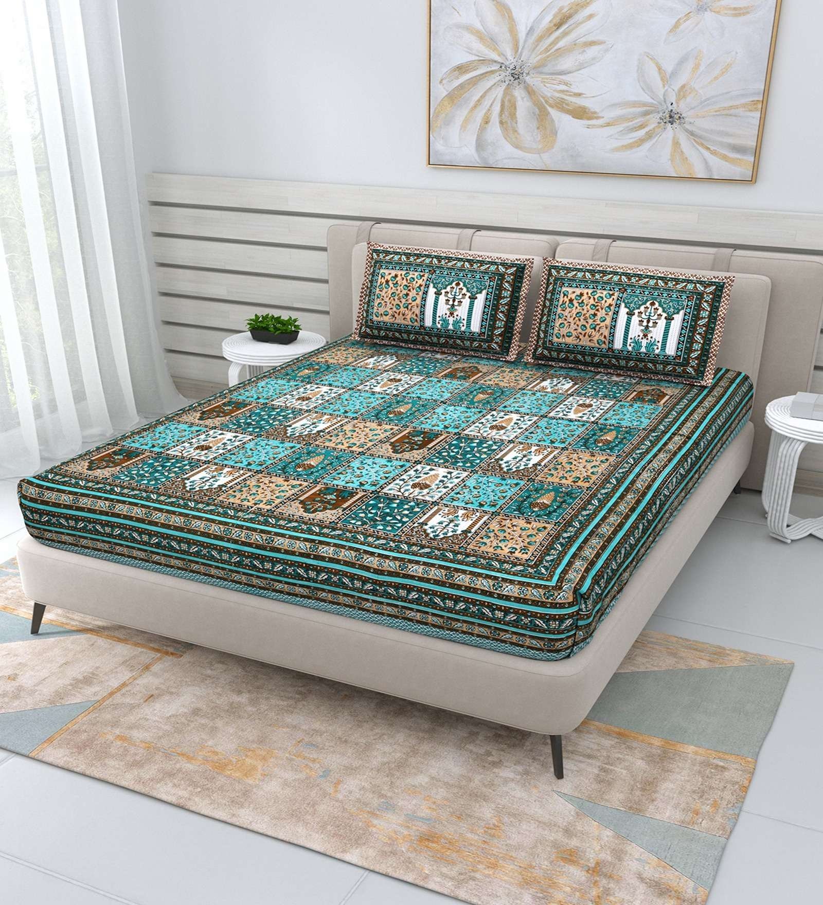 100% Pure Cotton Traditional  Printed Bedsheet for Double Bed King Size Bedsheet with 2 Pillow Covers