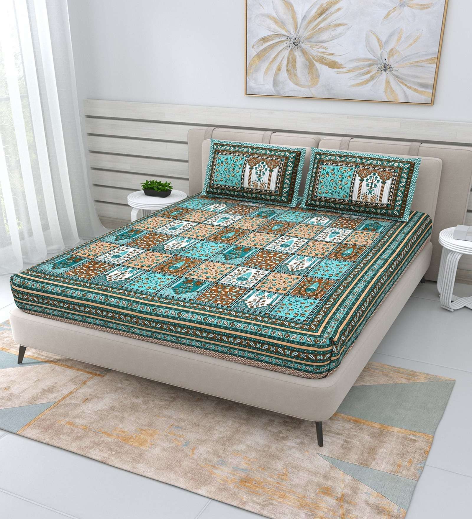100% Pure Cotton Traditional  Printed Bedsheet for Double Bed King Size Bedsheet with 2 Pillow Covers