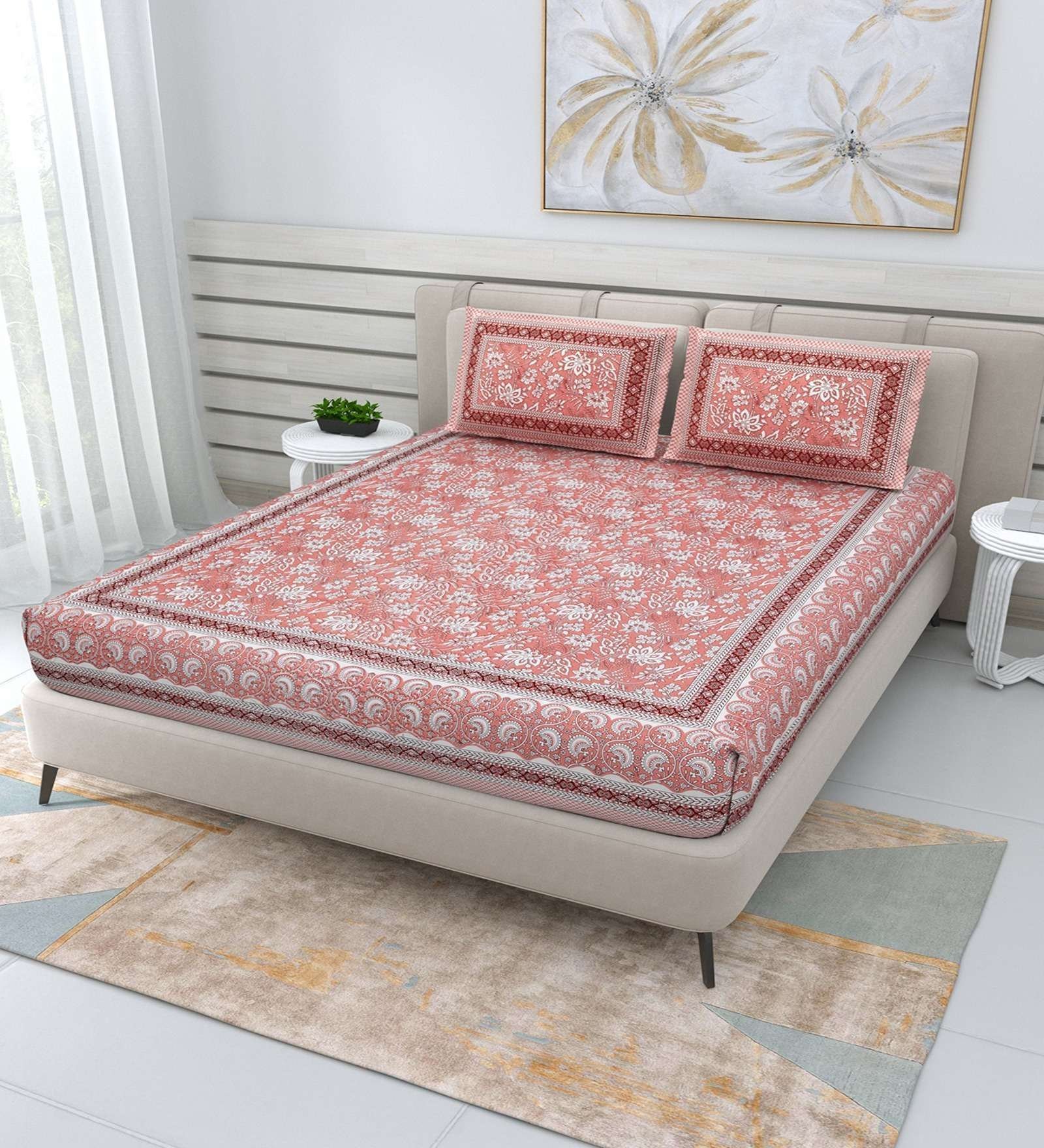 100% Pure Cotton Traditional  Printed Bedsheet for Double Bed King Size Bedsheet with 2 Pillow Covers