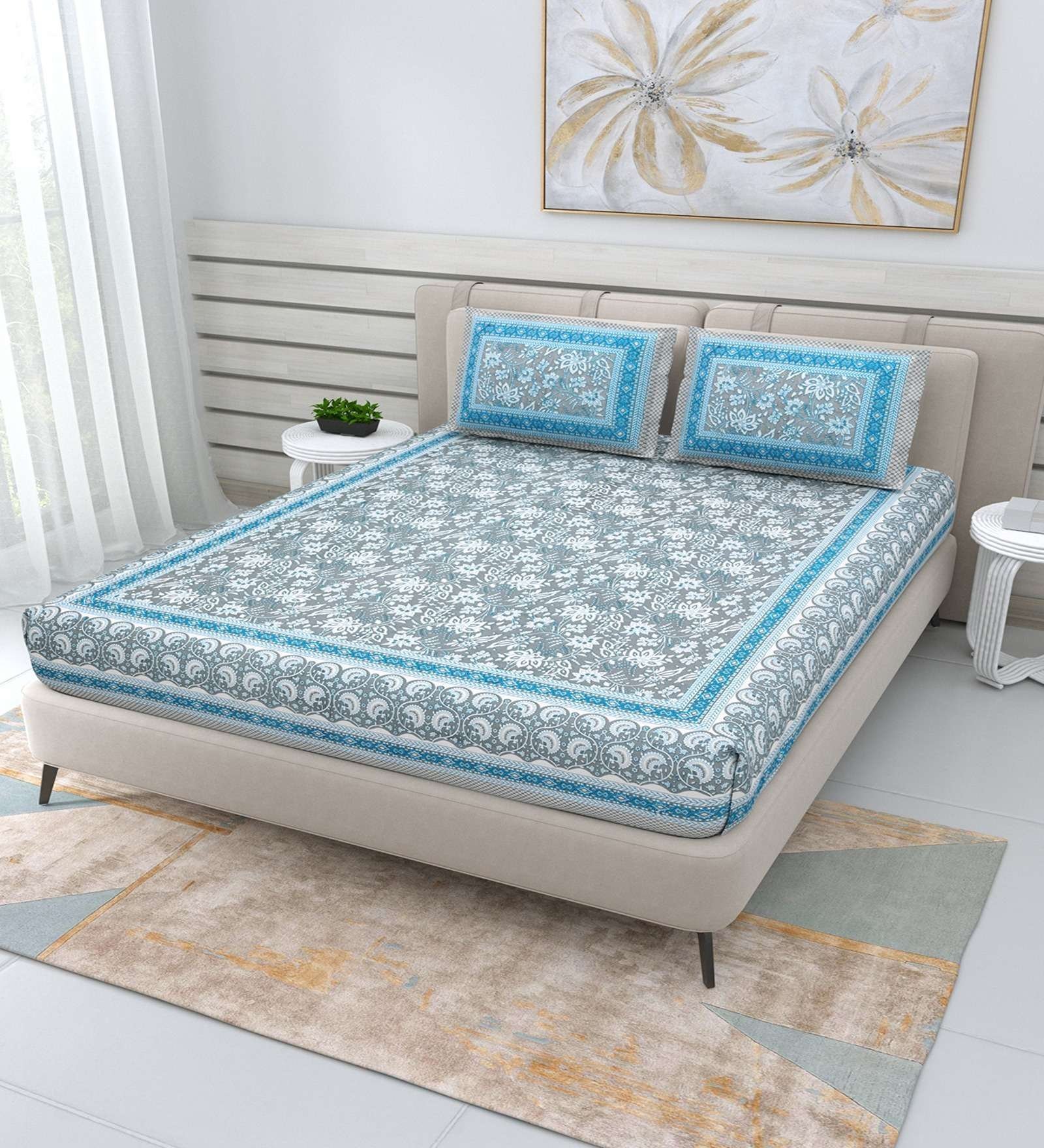 100% Pure Cotton Traditional  Printed Bedsheet for Double Bed King Size Bedsheet with 2 Pillow Covers