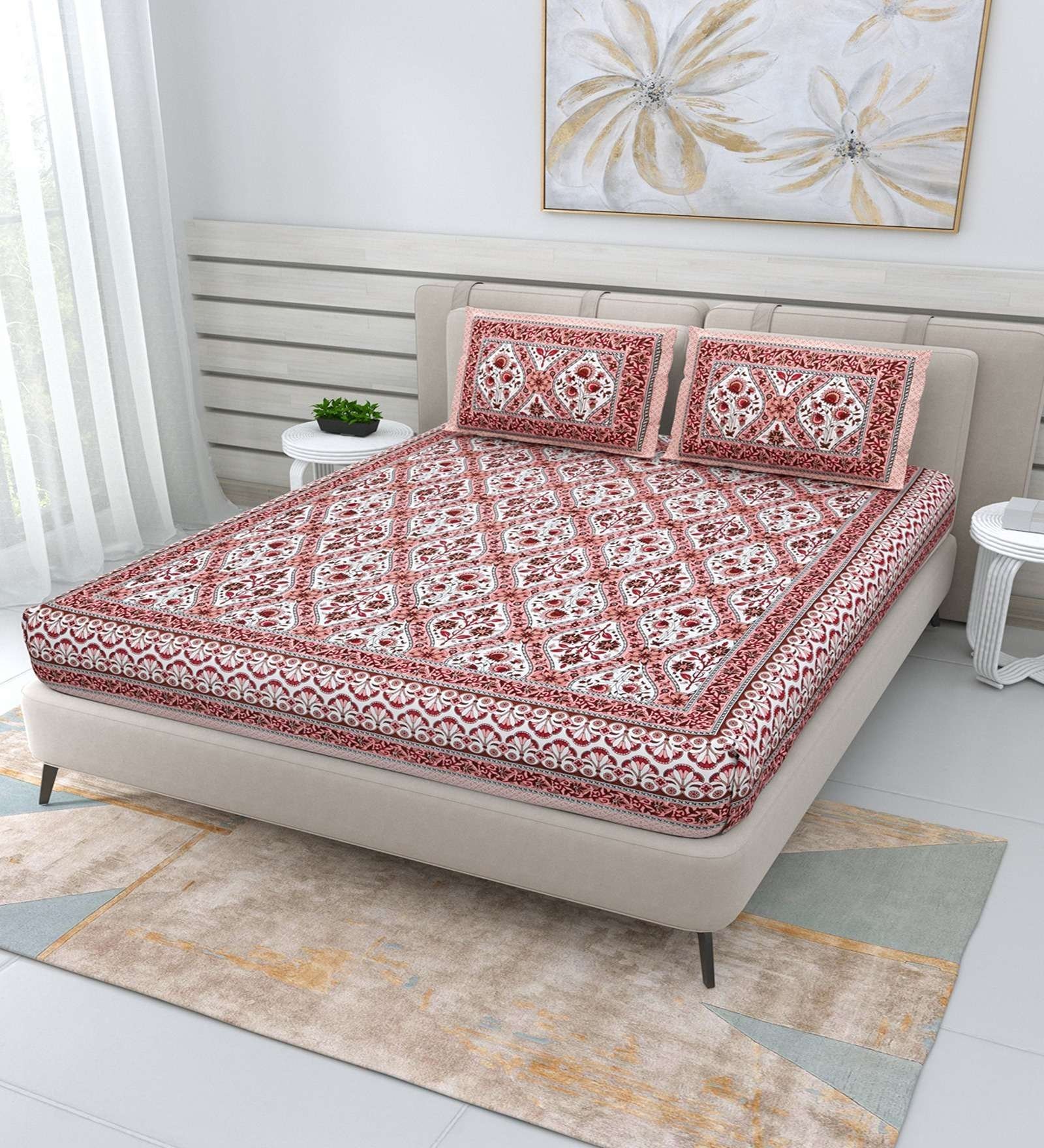 100% Pure Cotton Traditional  Printed Bedsheet for Double Bed King Size Bedsheet with 2 Pillow Covers