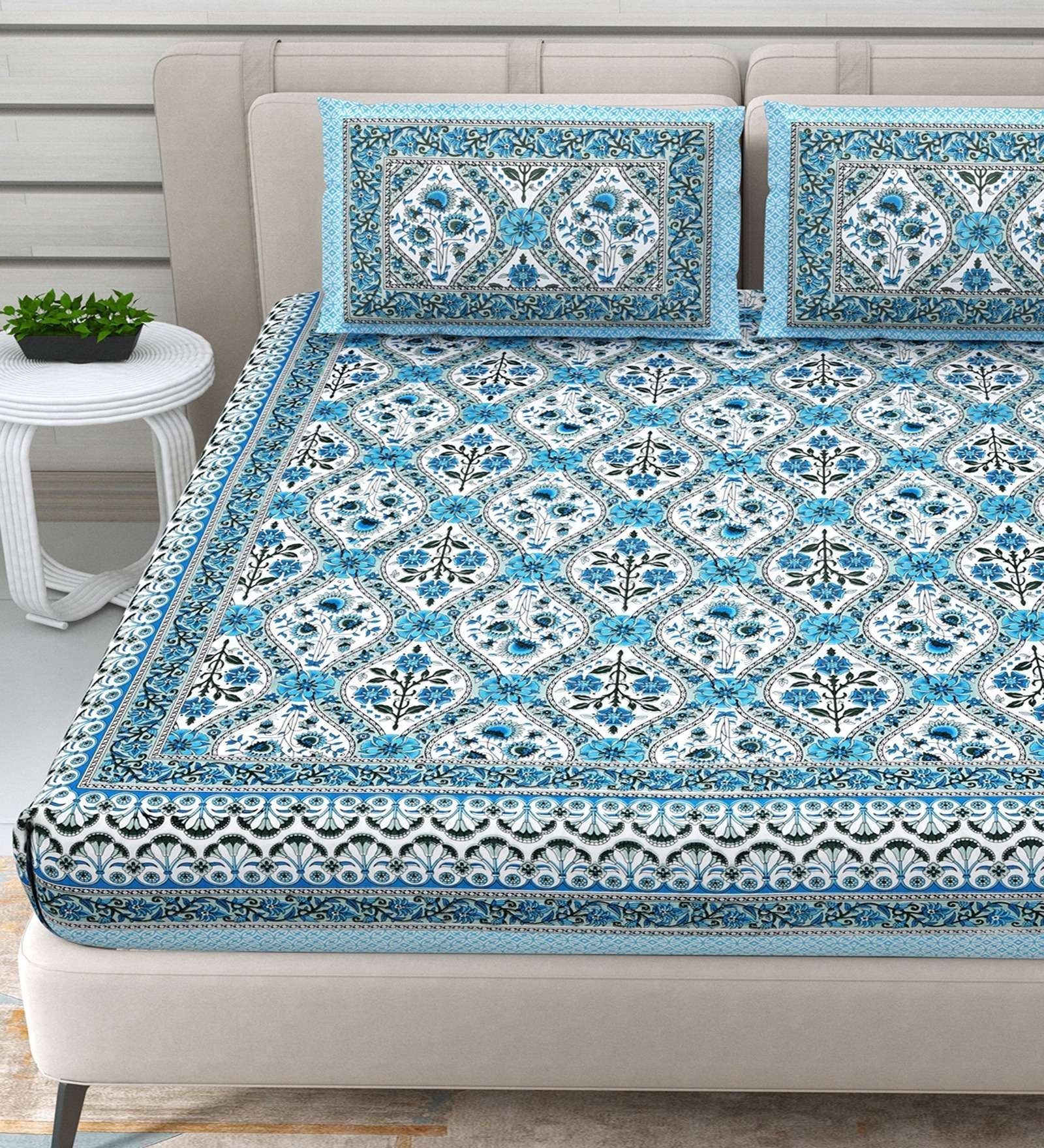 100% Pure Cotton Traditional  Printed Bedsheet for Double Bed King Size Bedsheet with 2 Pillow Covers