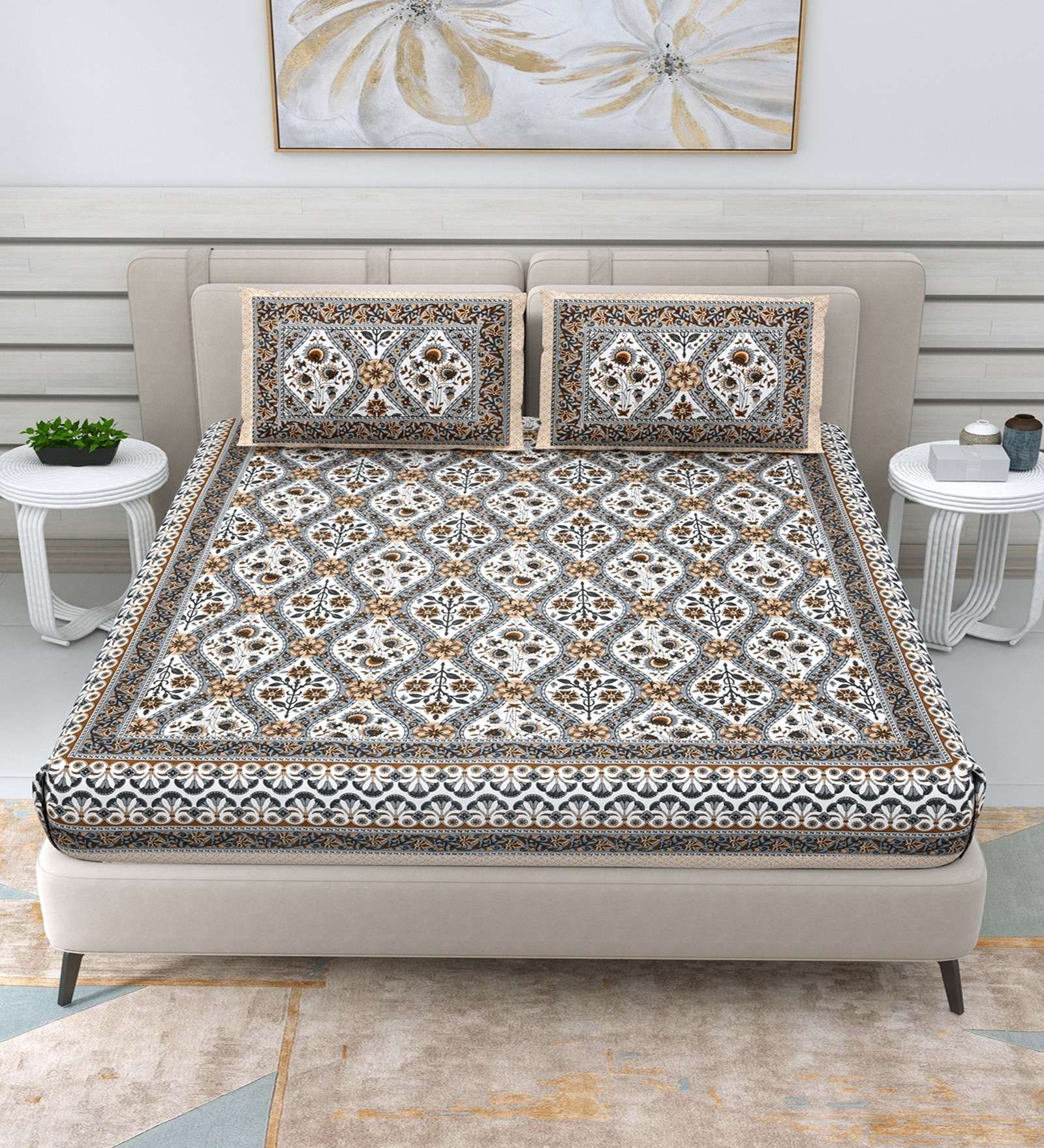100% Pure Cotton Traditional  Printed Bedsheet for Double Bed King Size Bedsheet with 2 Pillow Covers
