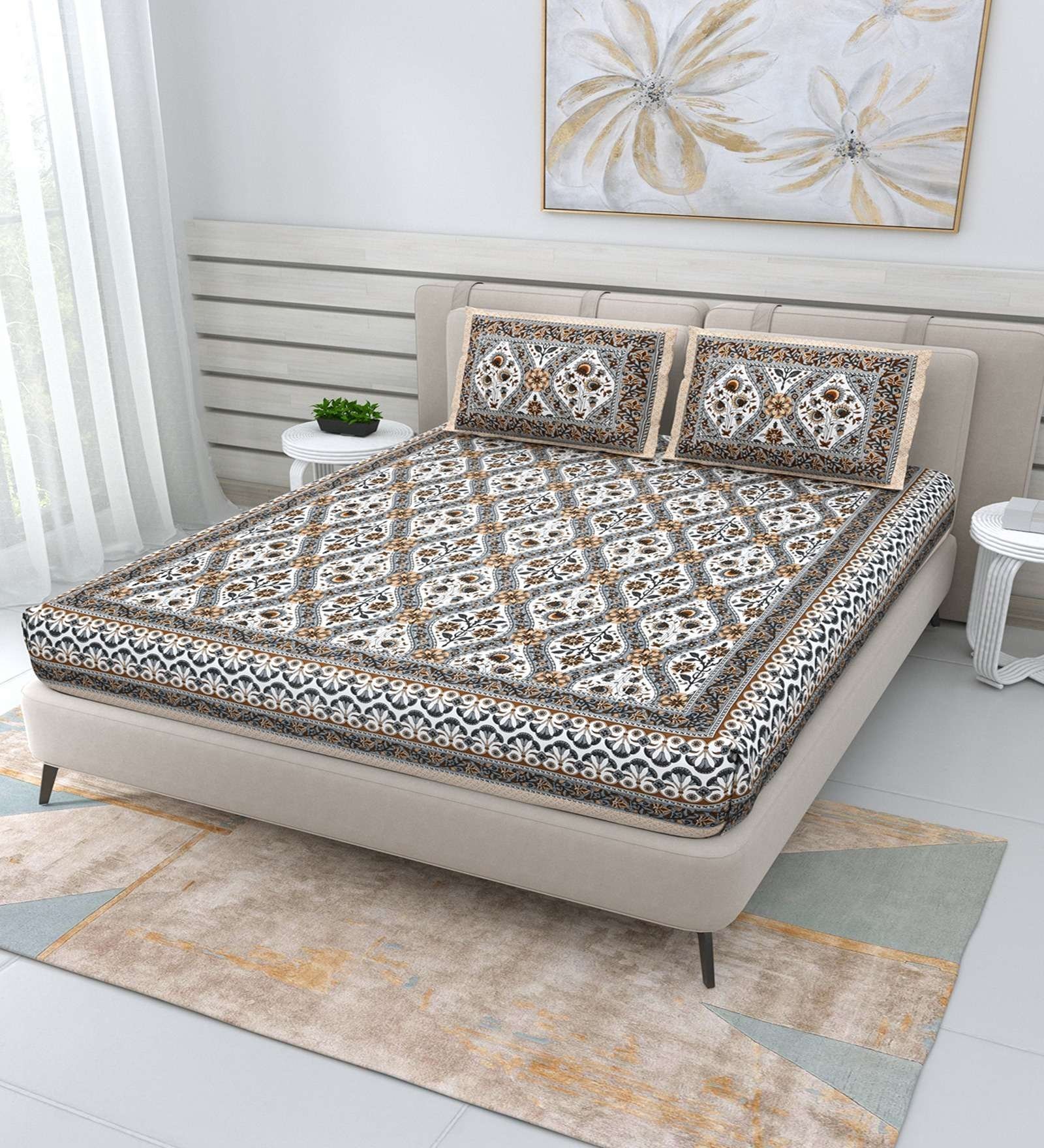 100% Pure Cotton Traditional  Printed Bedsheet for Double Bed King Size Bedsheet with 2 Pillow Covers